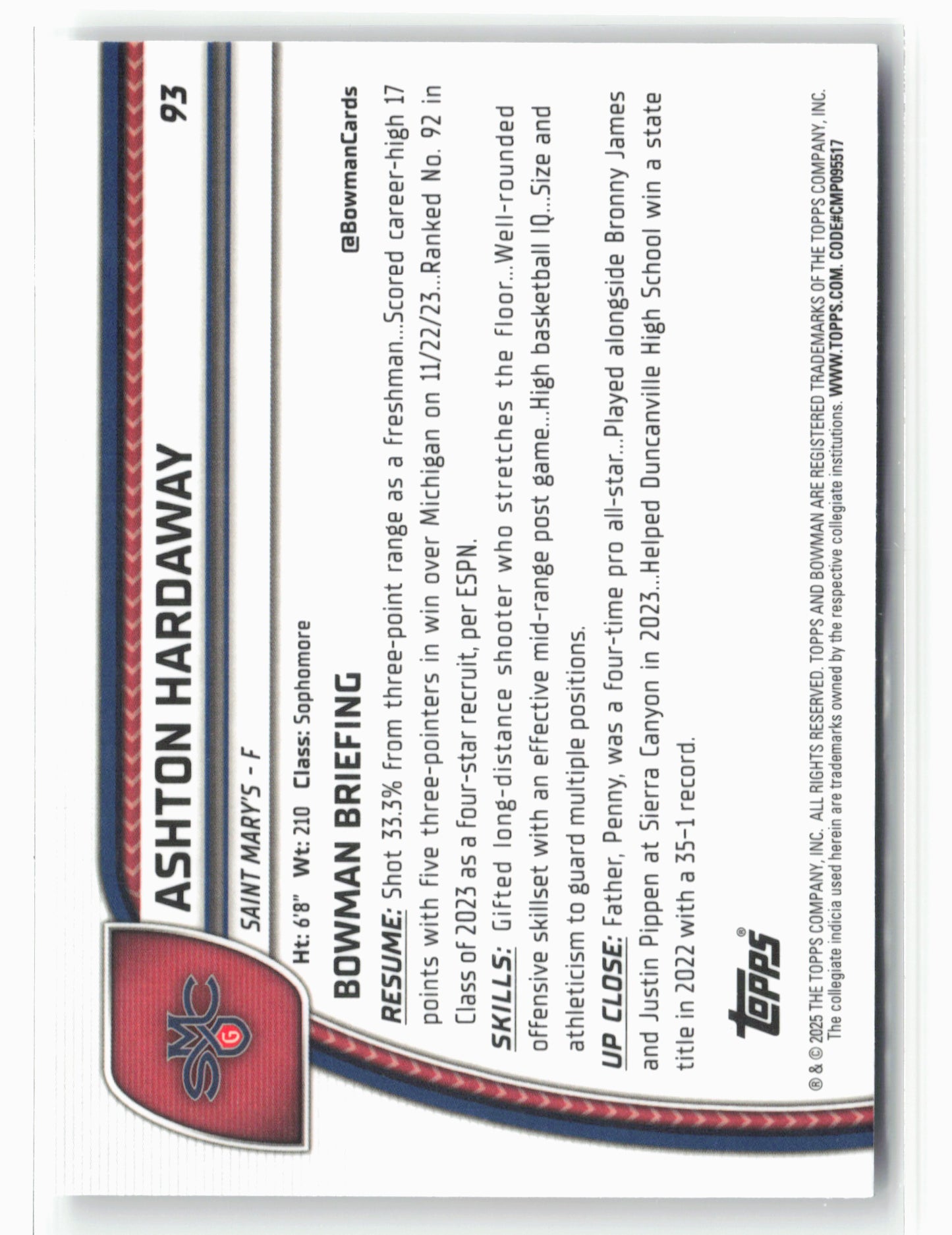 2024-25 Bowman University Chrome #93 Ashton Hardaway