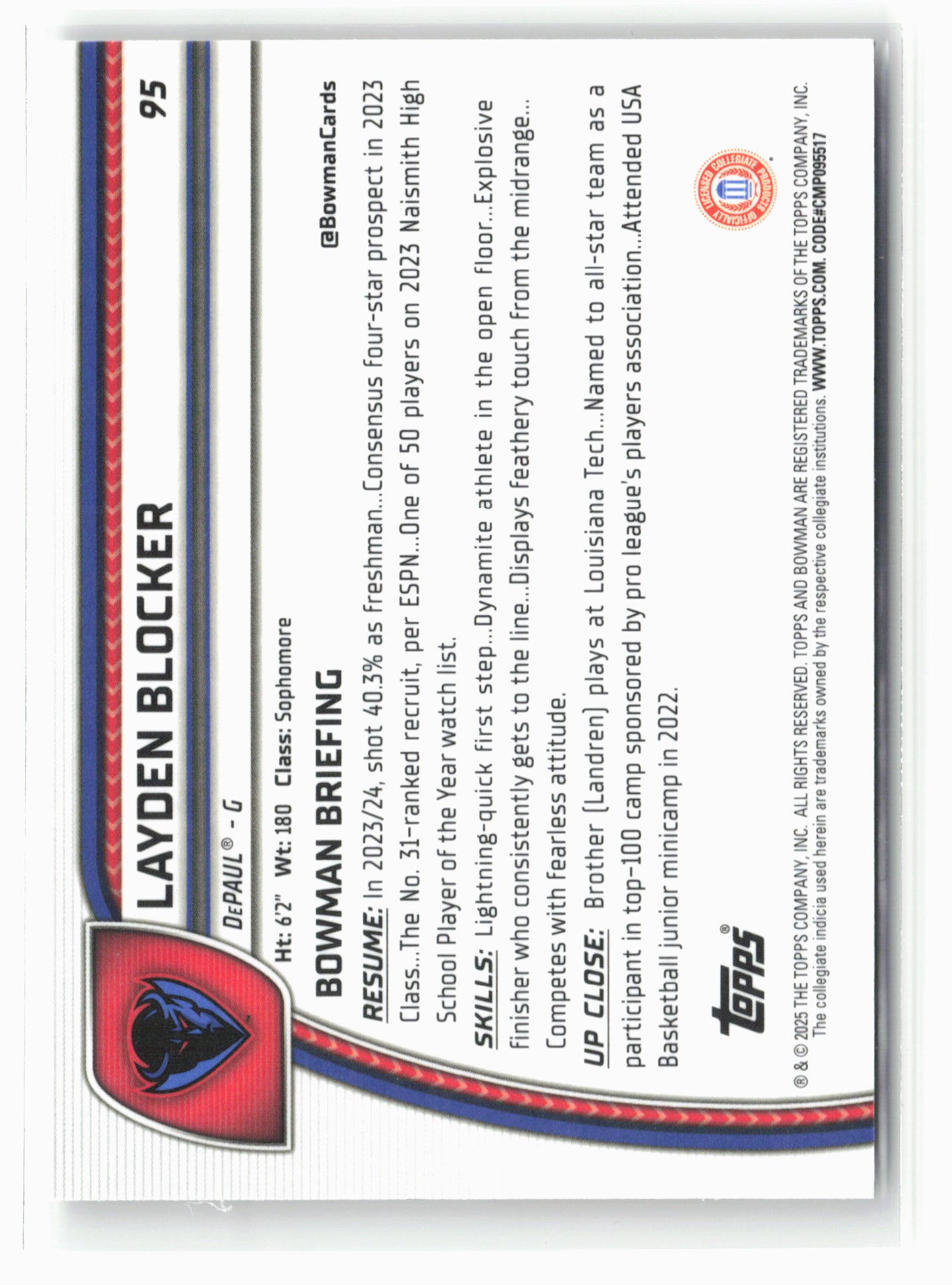 2024-25 Bowman University Chrome #95 Layden Blocker