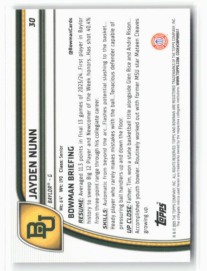2024-25 Bowman University Chrome #30 Jayden Nunn