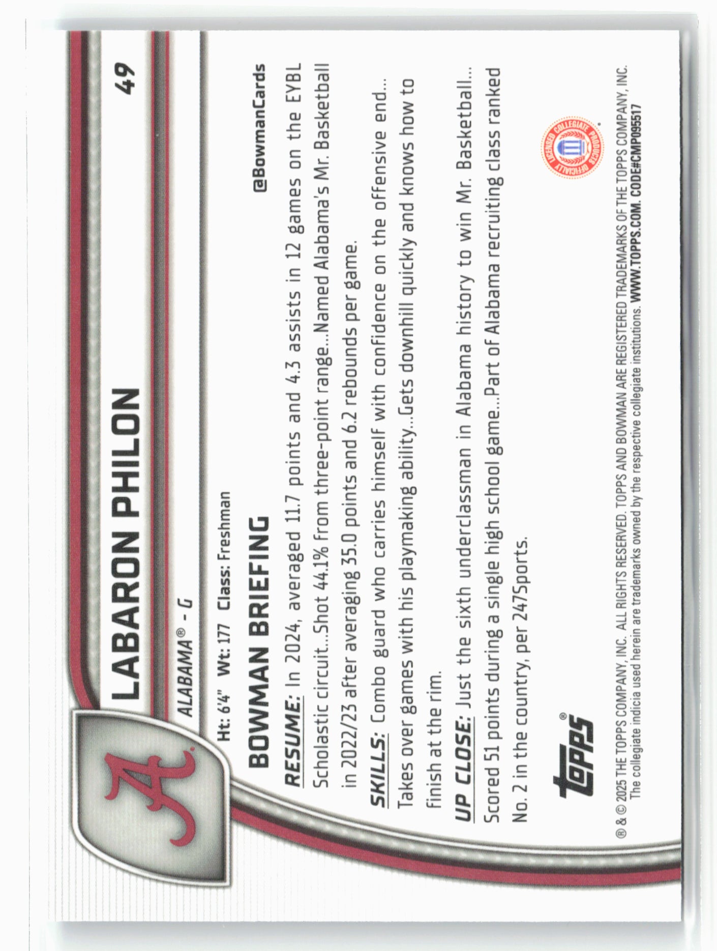 2024-25 Bowman University Chrome #49 Labaron Philon Sky Blue Refractor