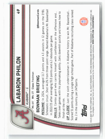 2024-25 Bowman University Chrome #49 Labaron Philon Sky Blue Refractor