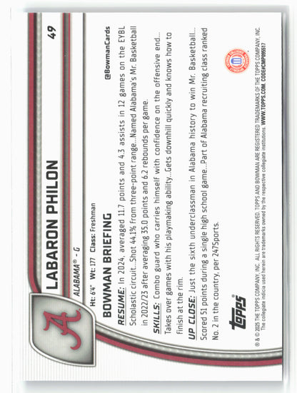 2024-25 Bowman University Chrome #49 Labaron Philon Sky Blue Refractor