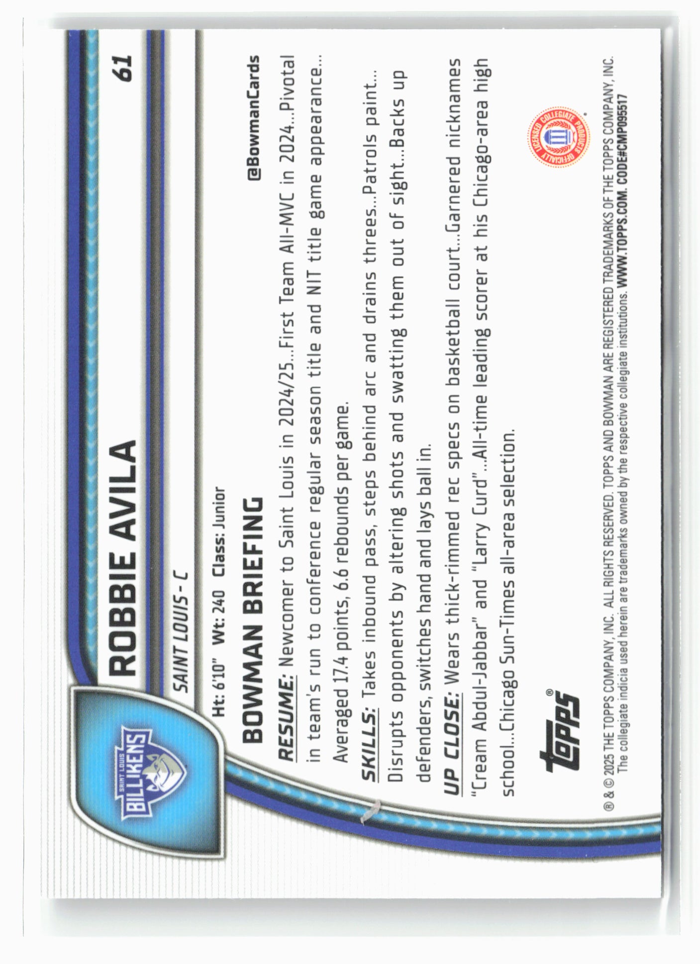 2024-25 Bowman University Chrome #61 Robbie Avila
