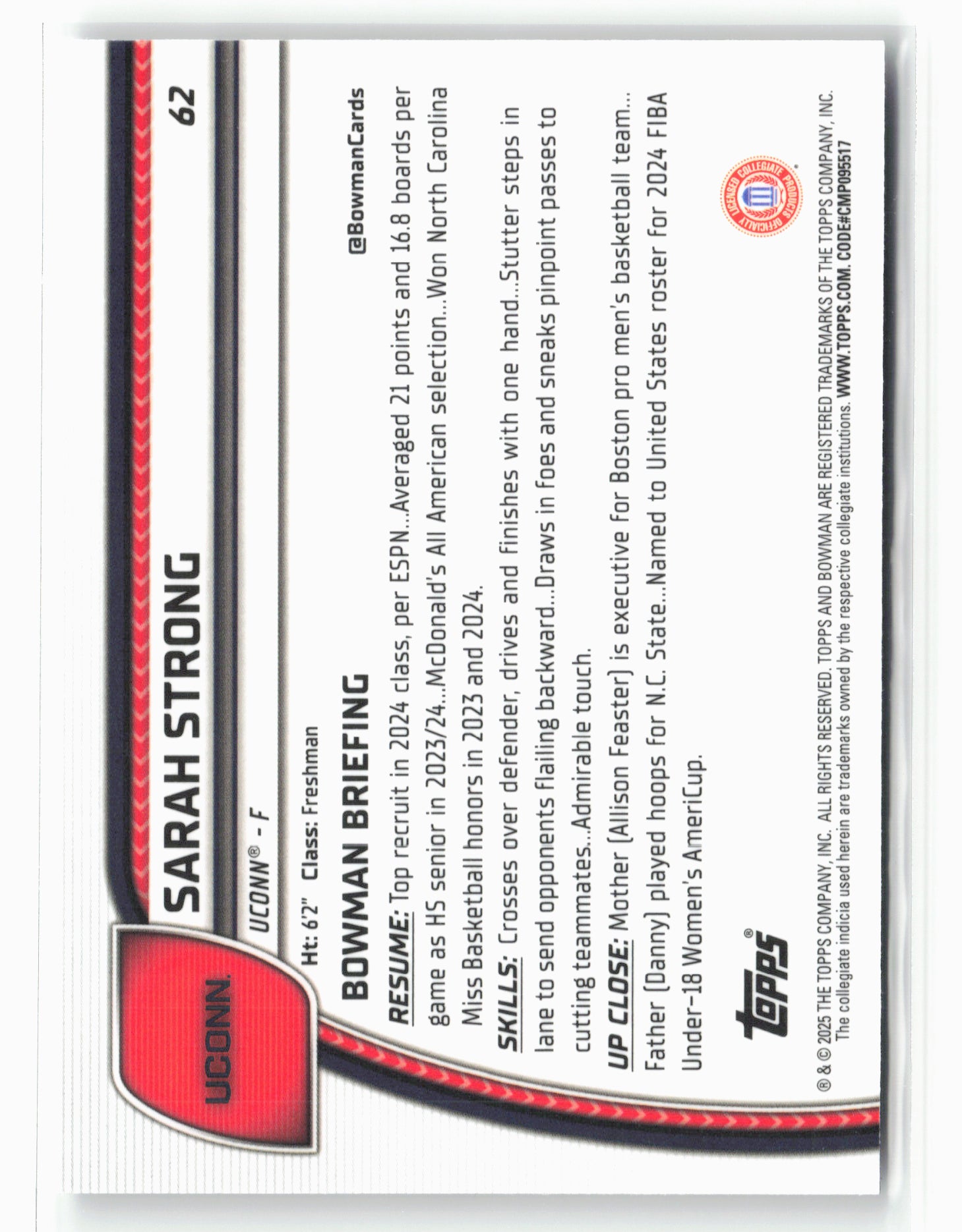 2024-25 Bowman University Chrome #62 Sarah Strong