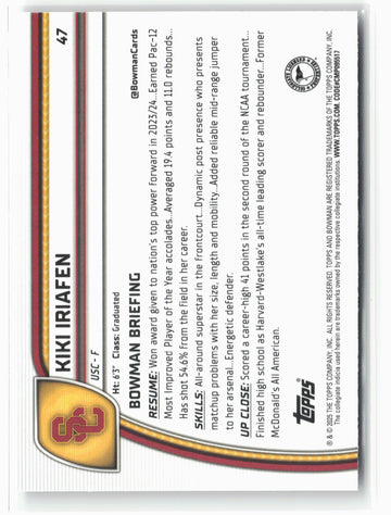 2024-25 Bowman University Chrome #47 Kiki Iriafen