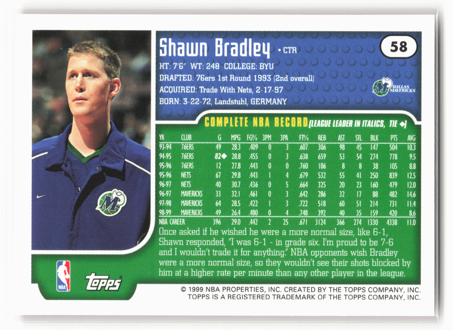 1999-00 Topps #58 Shawn Bradley