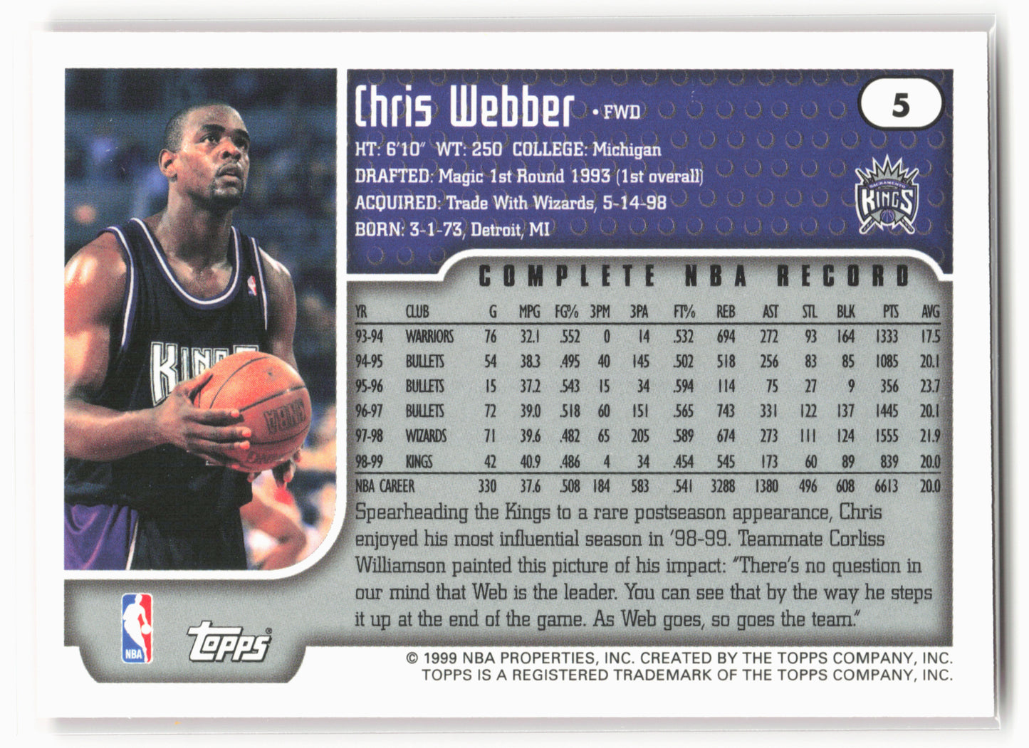 1999-00 Topps #5 Chris Webber