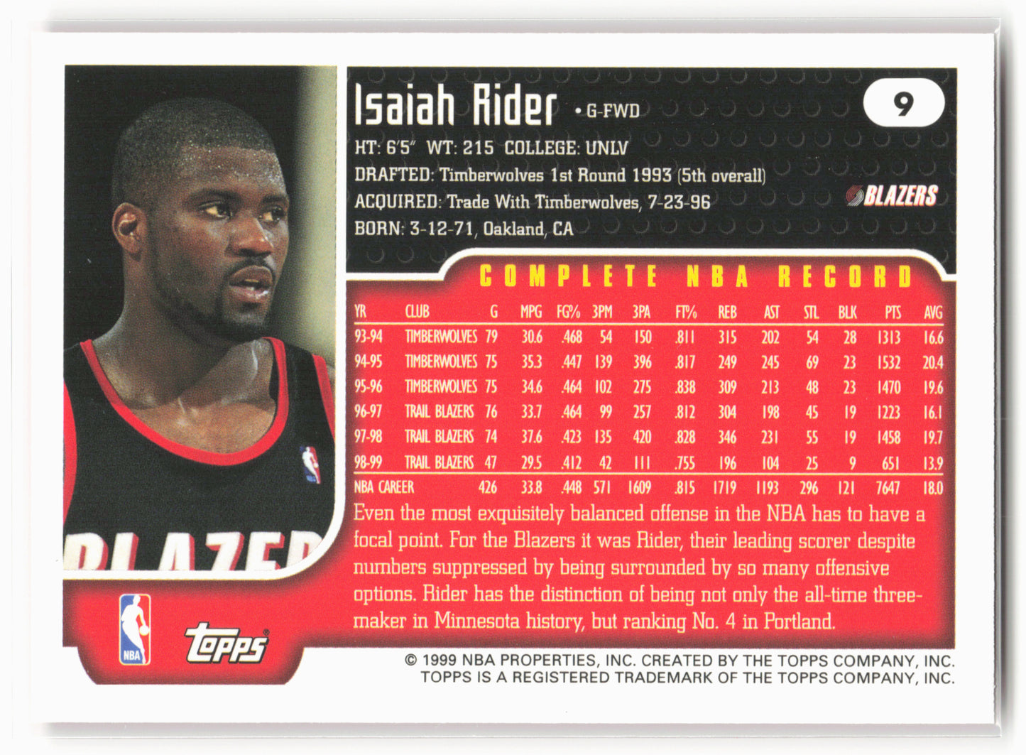 1999-00 Topps #9 Isaiah Rider