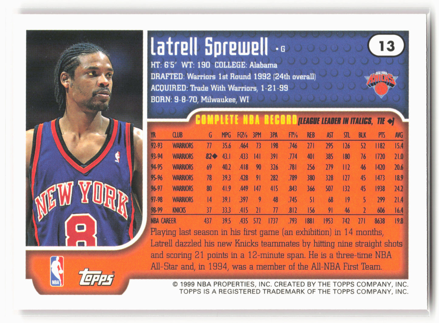 1999-00 Topps #13 Latrell Sprewell