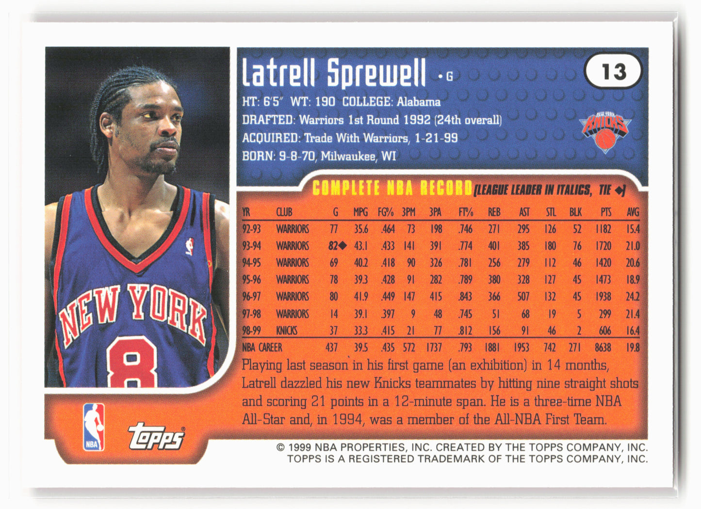 1999-00 Topps #13 Latrell Sprewell NM