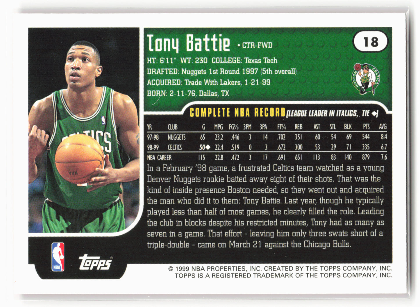 1999-00 Topps #18 Tony Battie NM