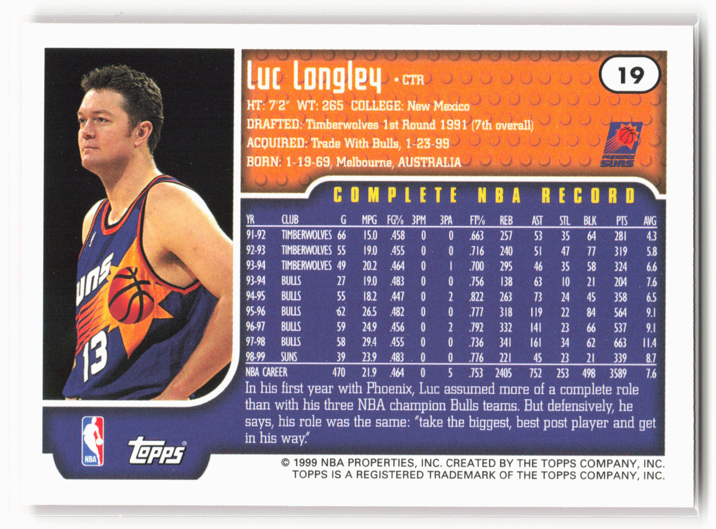1999-00 Topps #19 Luc Longley