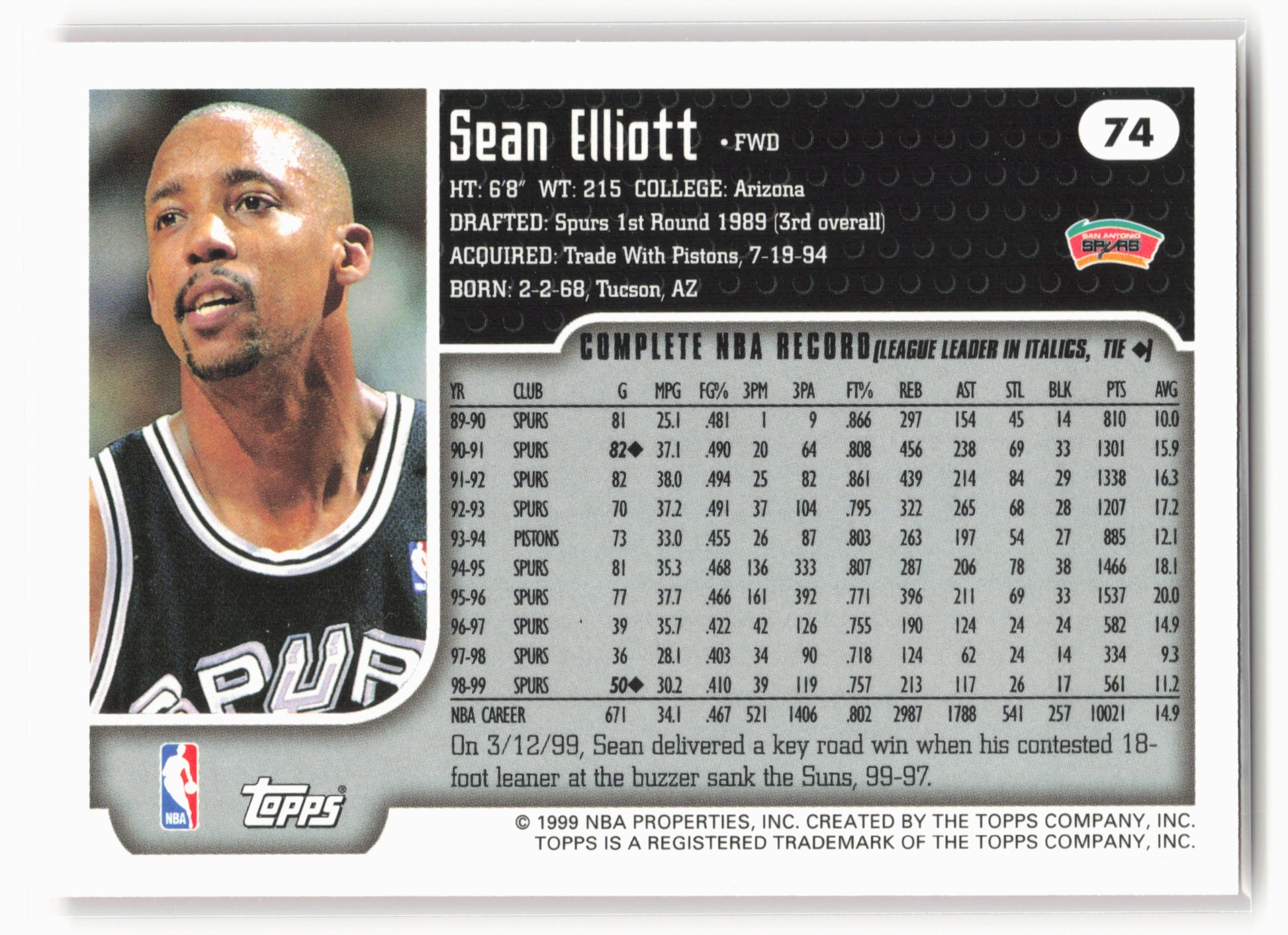 1999-00 Topps #74 Sean Elliott