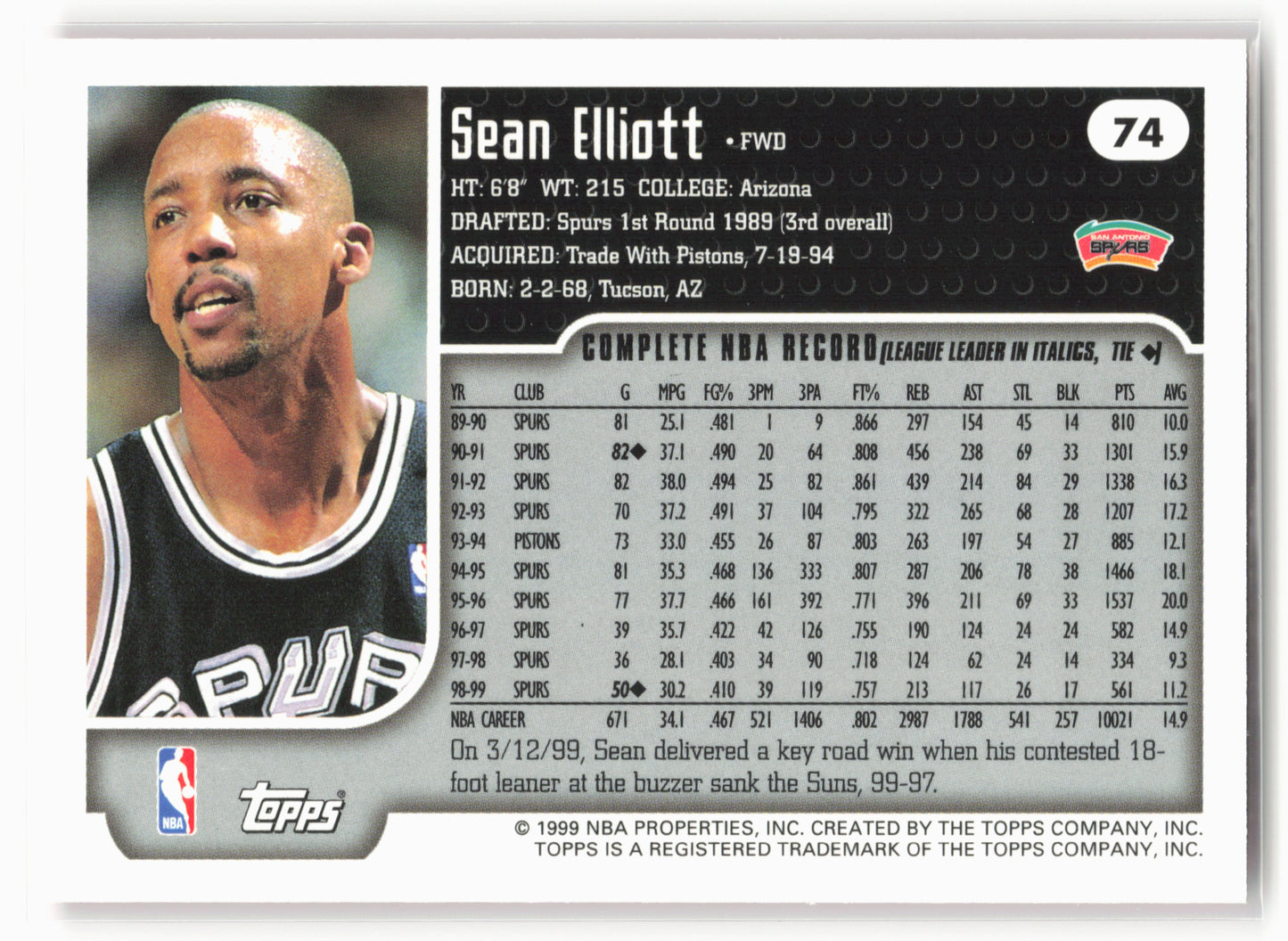 1999-00 Topps #74 Sean Elliott NM