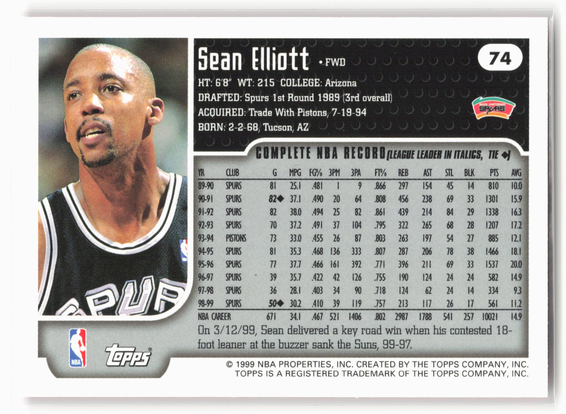 1999-00 Topps #74 Sean Elliott NM