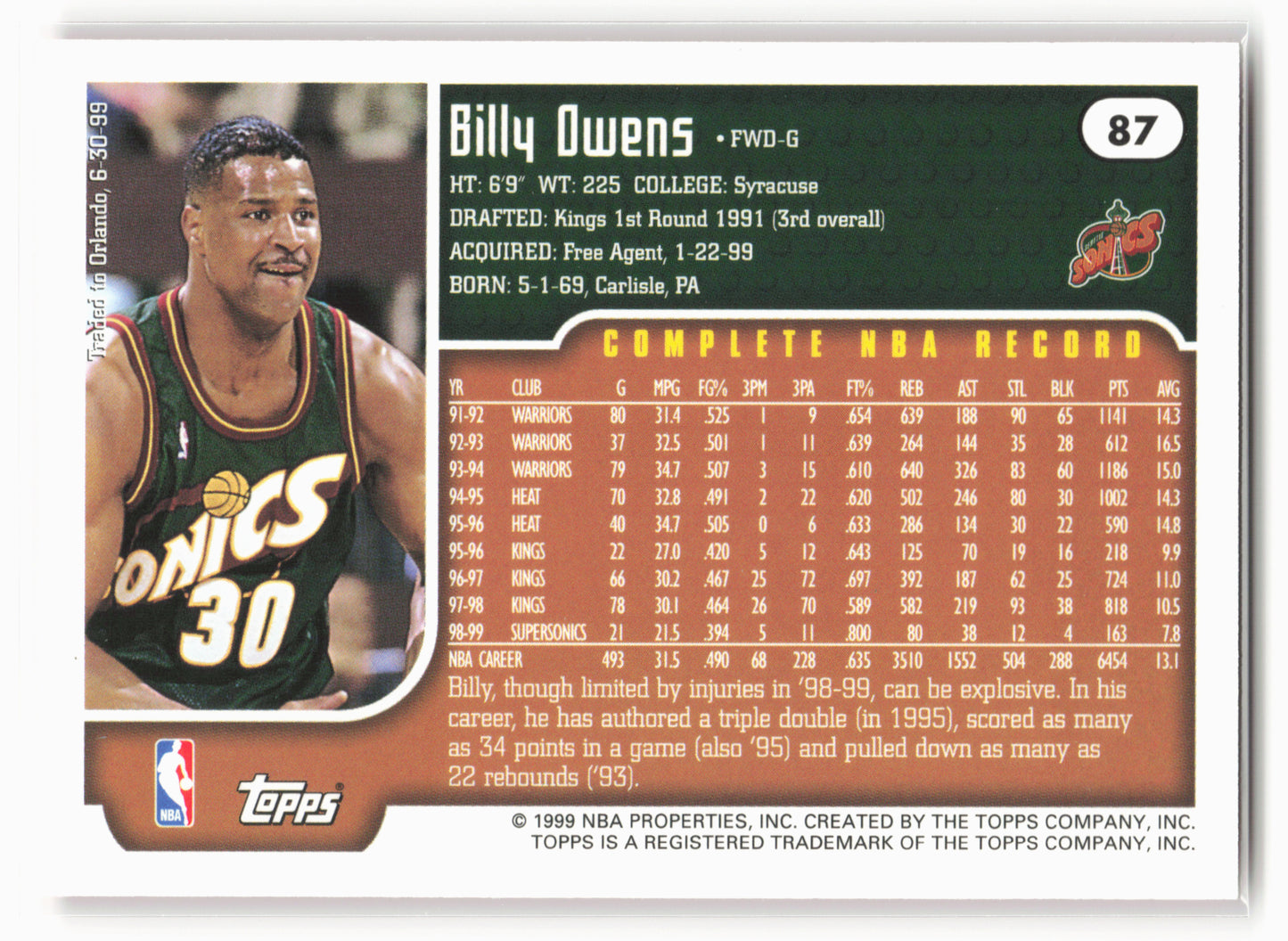 1999-00 Topps #87 Billy Owens