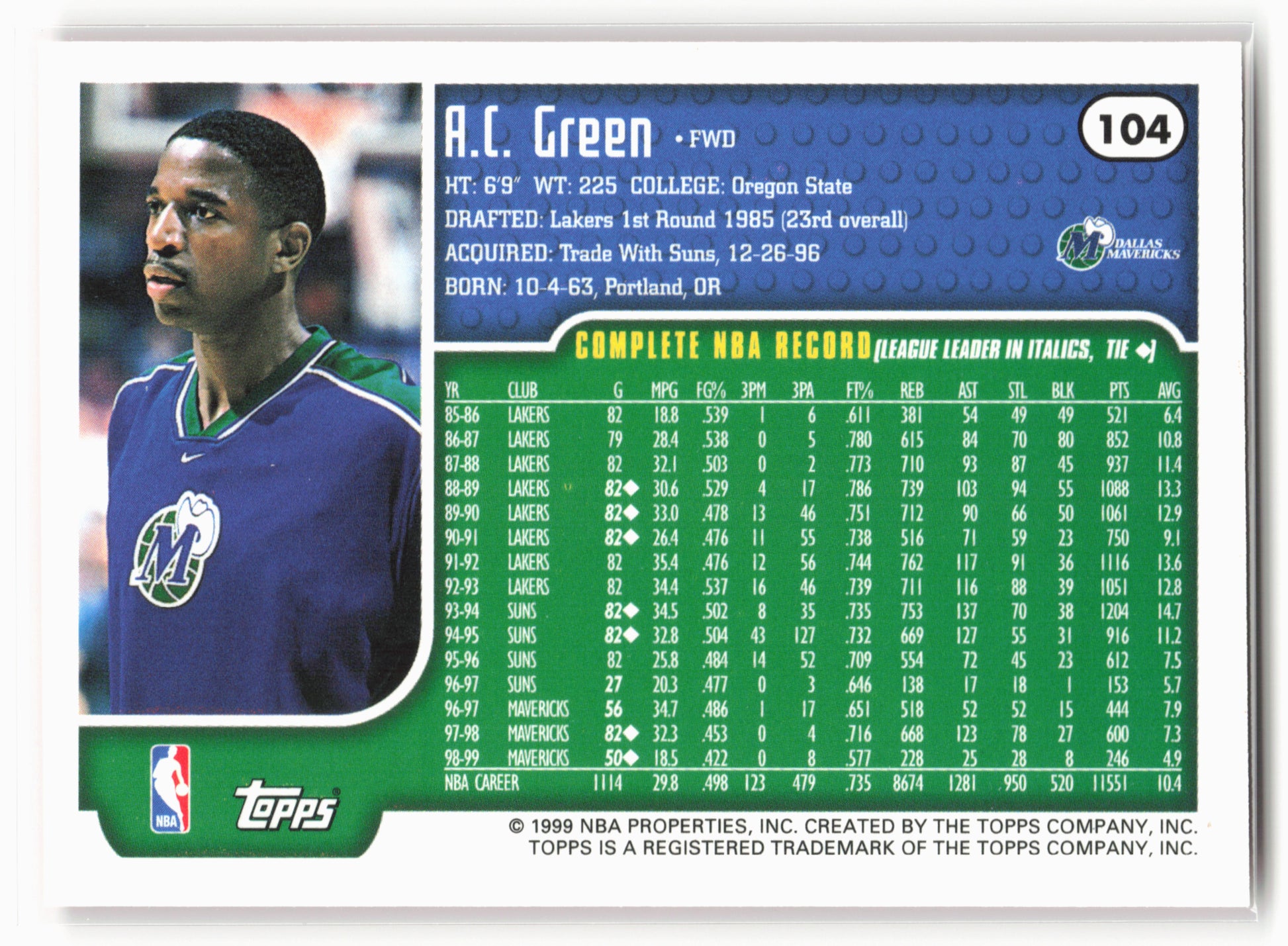 1999-00 Topps #104 A.C. Green