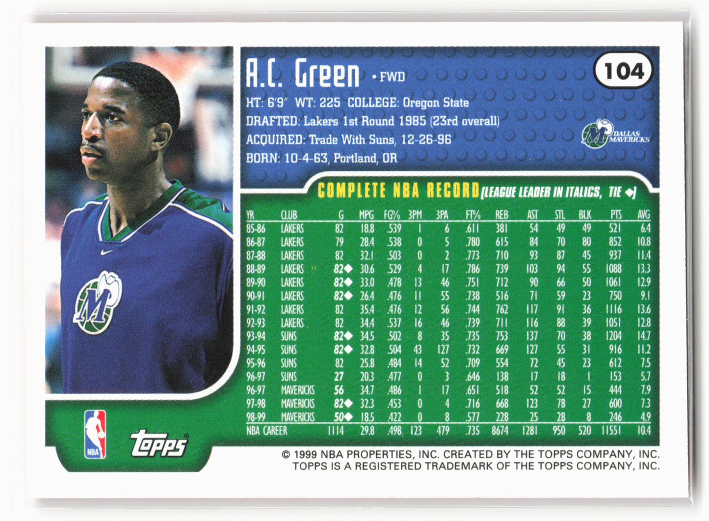 1999-00 Topps #104 A.C. Green NM