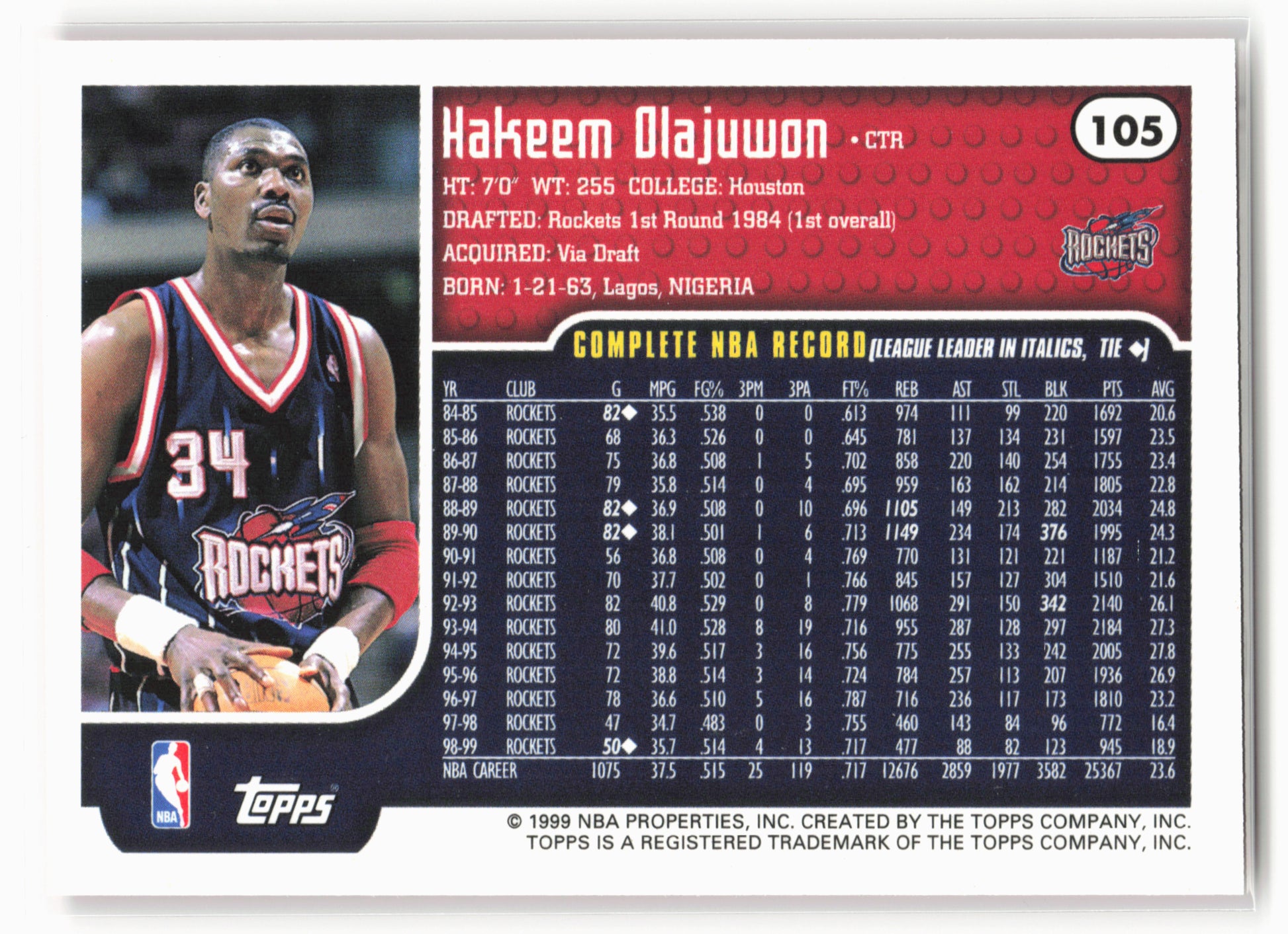 1999-00 Topps #105 Hakeem Olajuwon NM