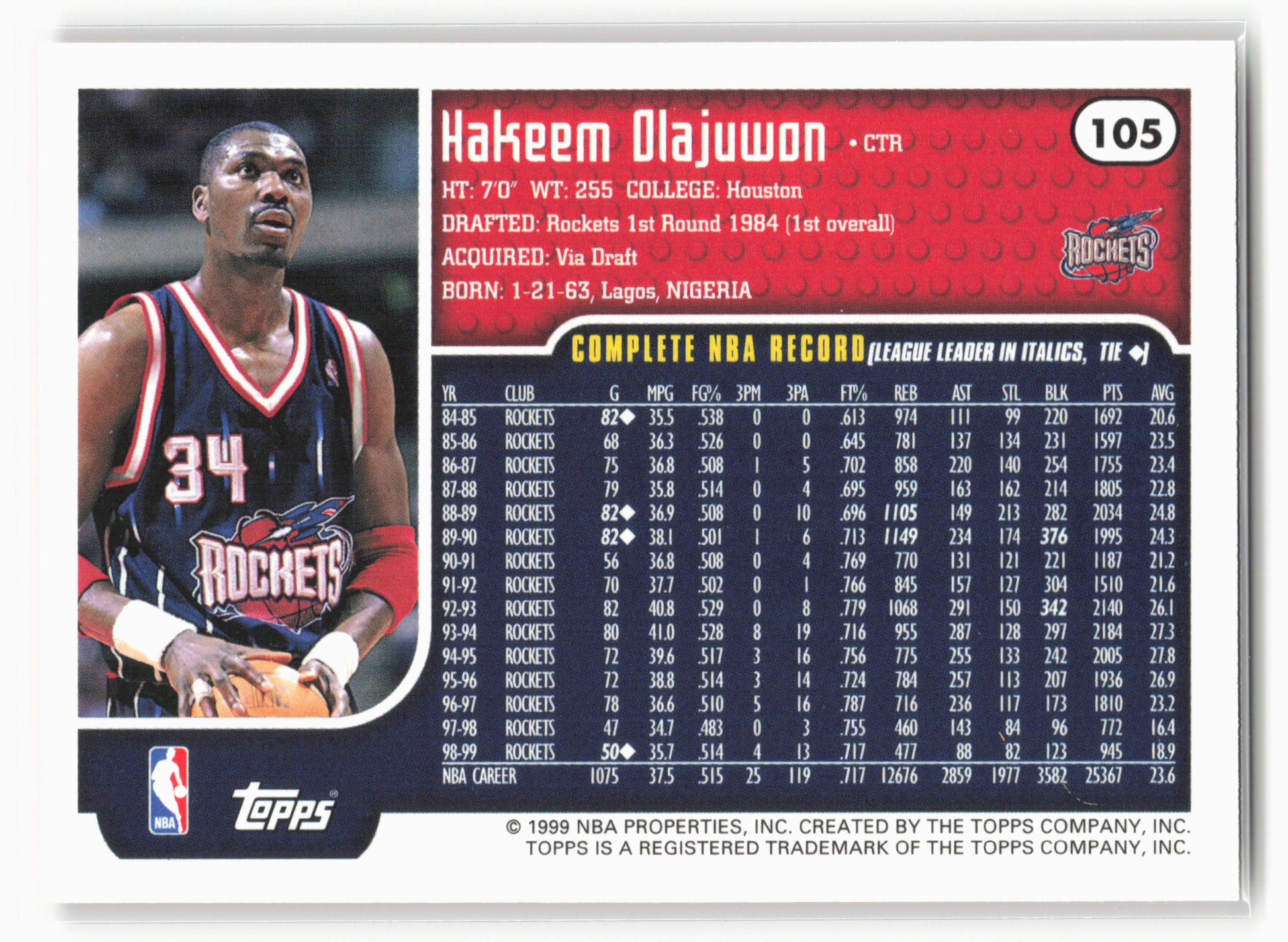 1999-00 Topps Tipoff #105 Hakeem Olajuwon