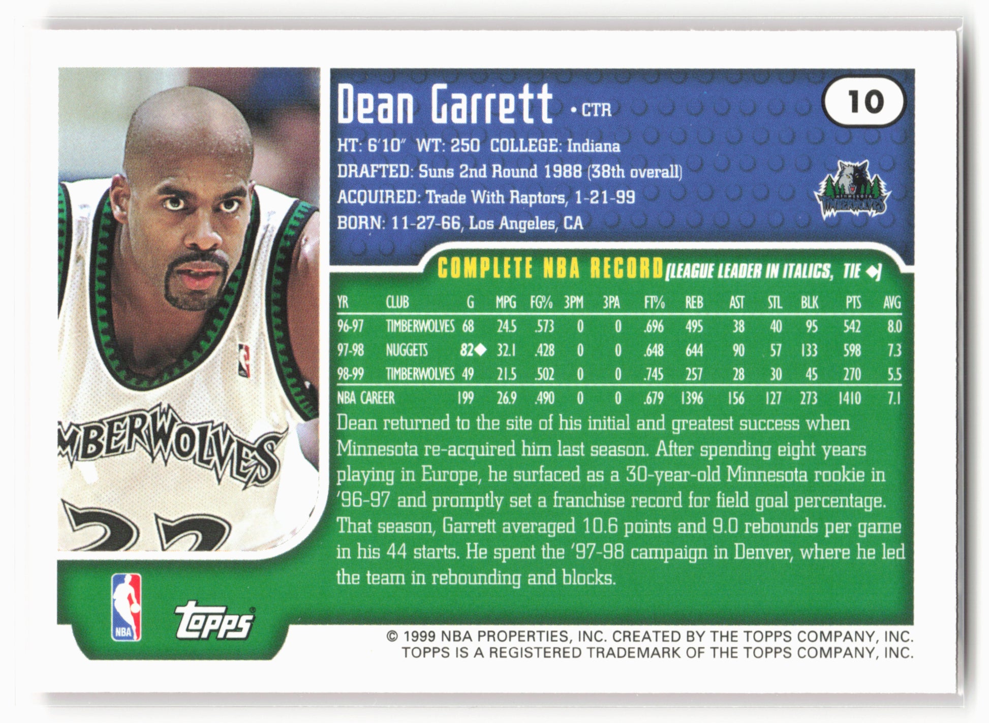 1999-00 Topps #10 Dean Garrett NM1