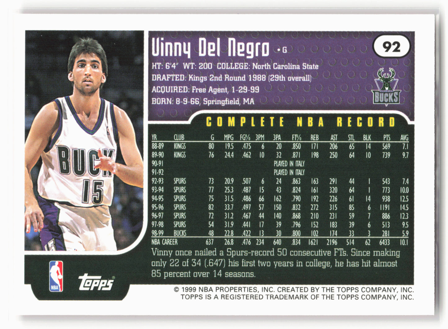 1999-00 Topps #92 Vinny Del Negro NM1