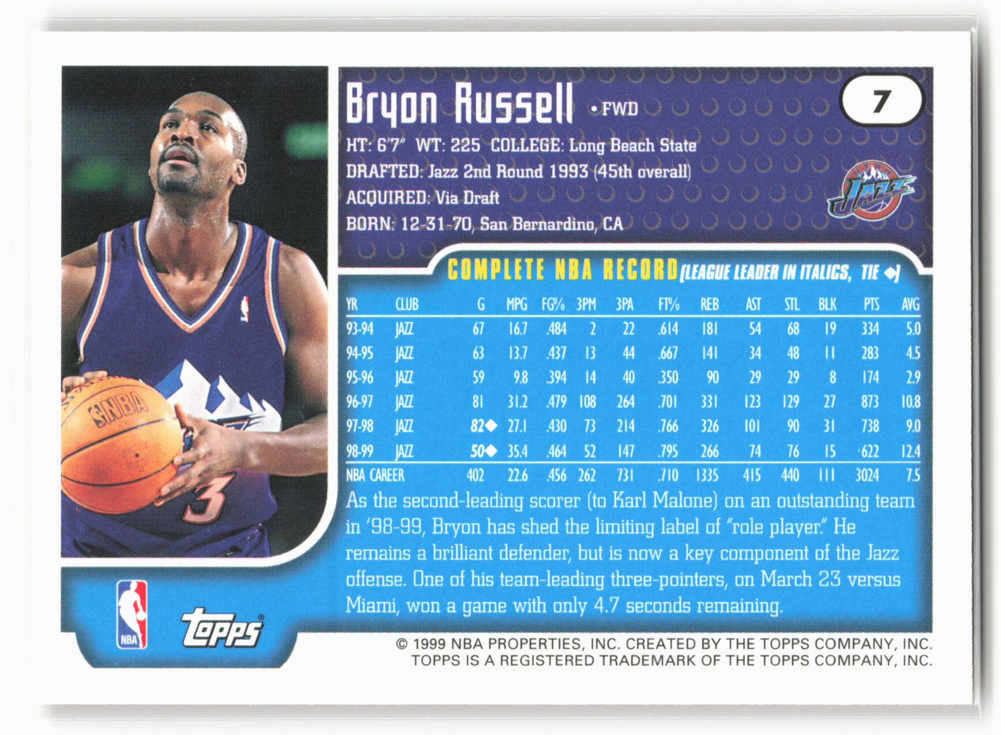 1999-00 Topps Tipoff #7 Bryon Russell