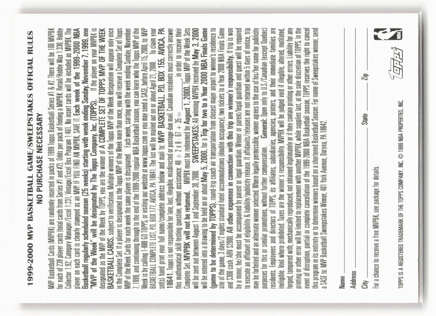 1999-00 Topps #16 Eric Williams MVP Promotion