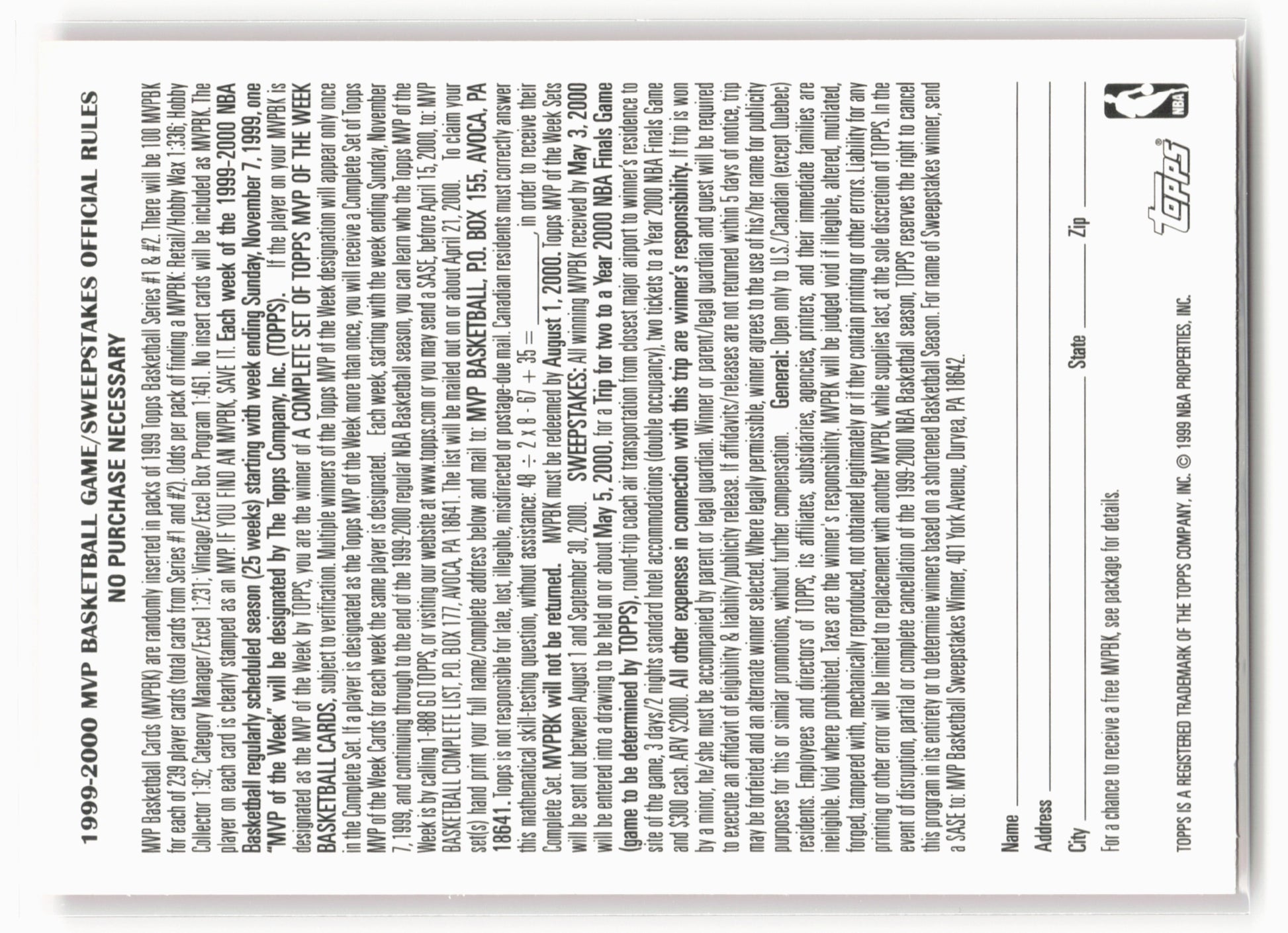 1999-00 Topps #16 Eric Williams MVP Promotion