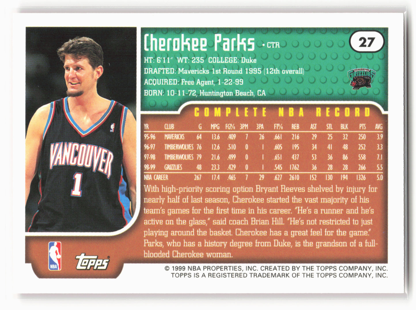 1999-00 Topps #27 Cherokee Parks