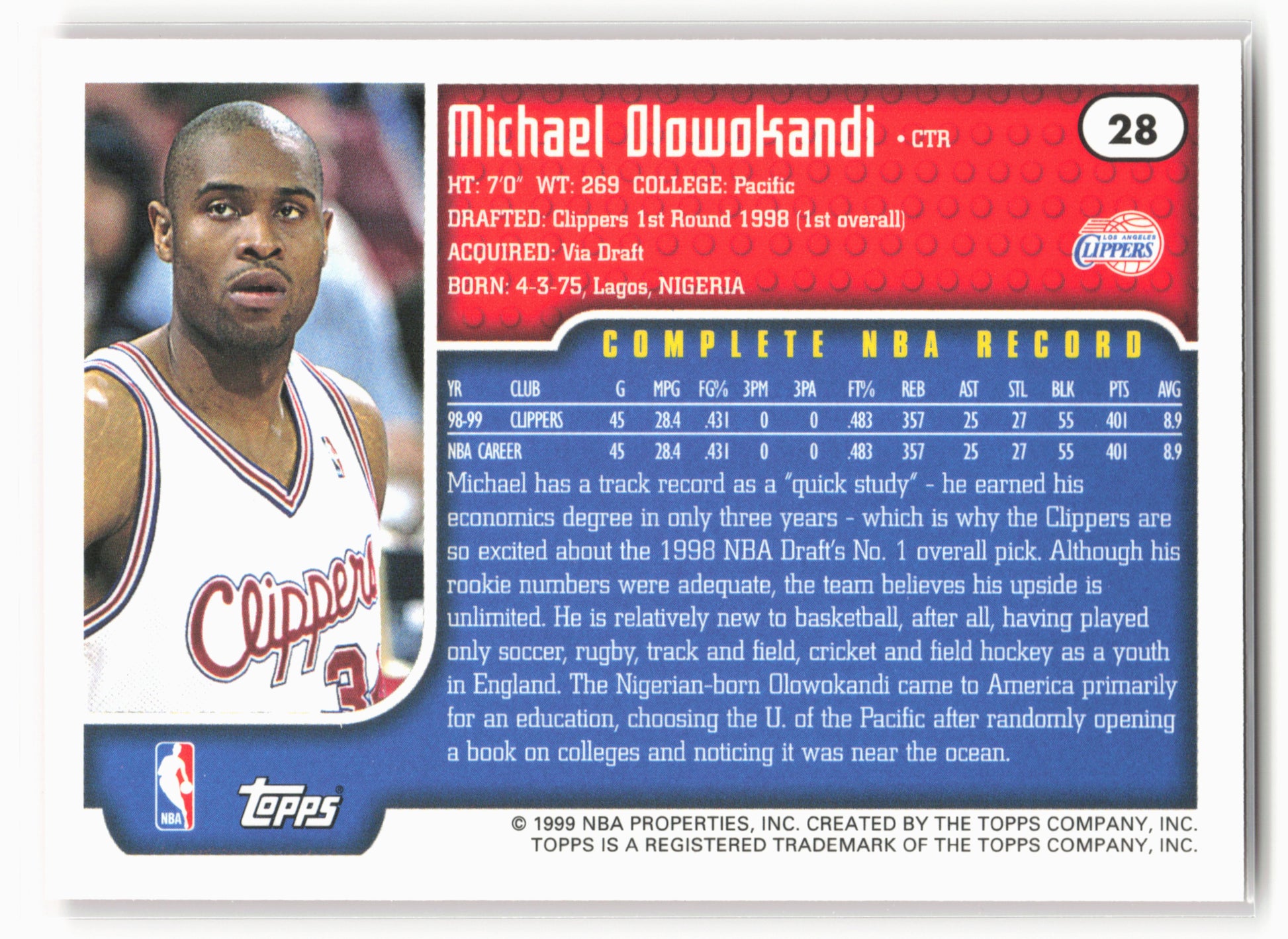1999-00 Topps #28 Michael Olowokandi NM