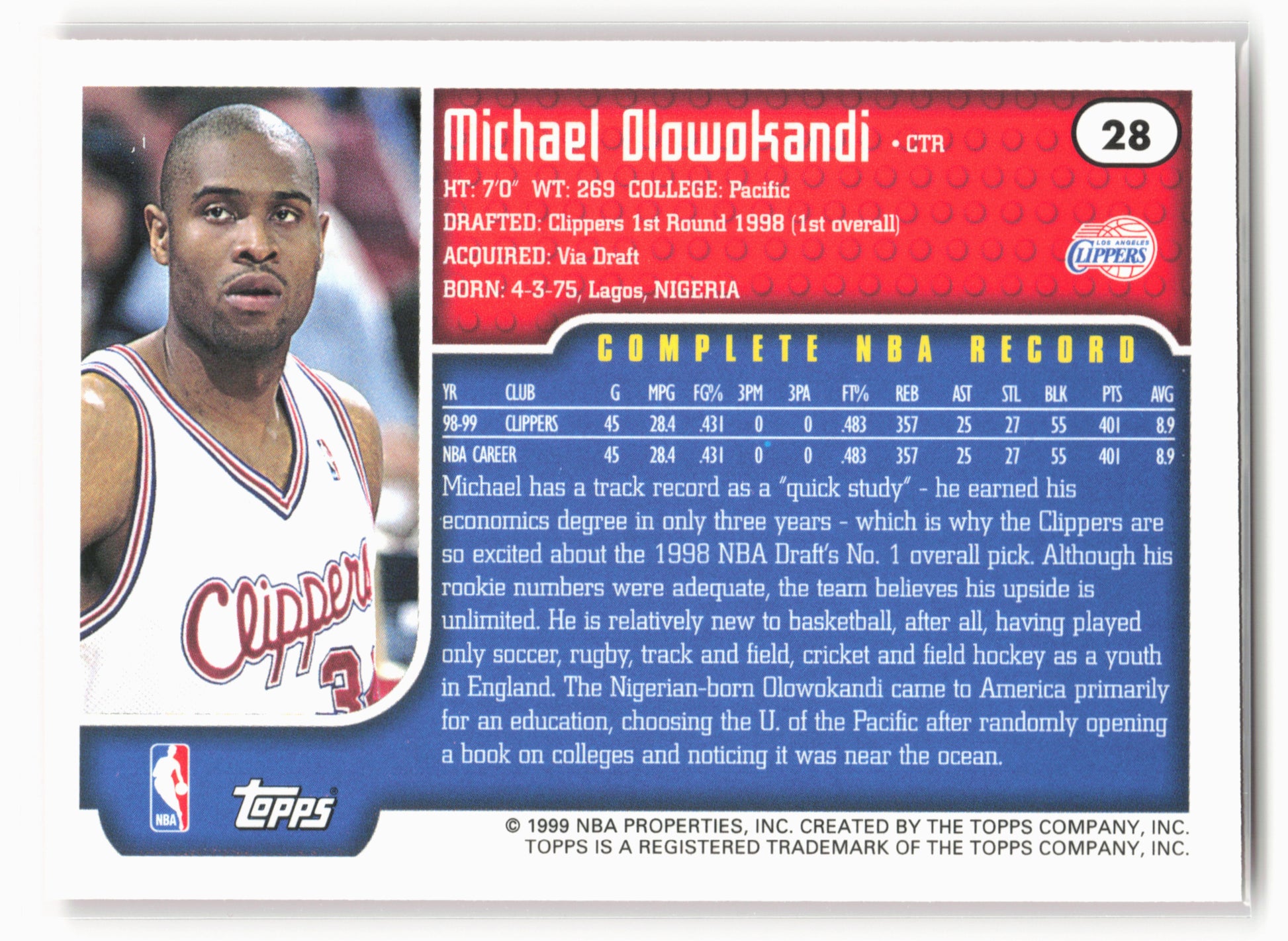 1999-00 Topps #28 Michael Olowokandi NM1