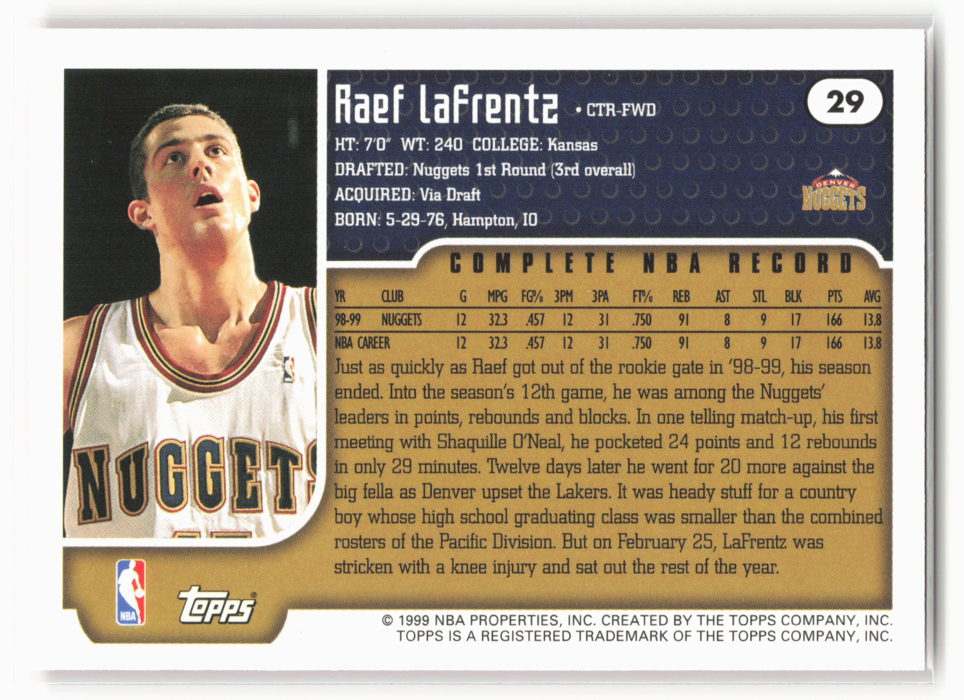 1999-00 Topps #29 Raef LaFrentz