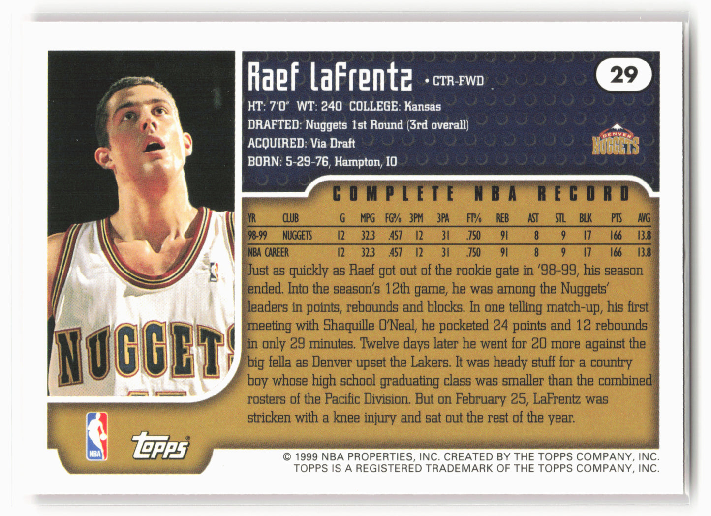 1999-00 Topps #29 Raef LaFrentz NM