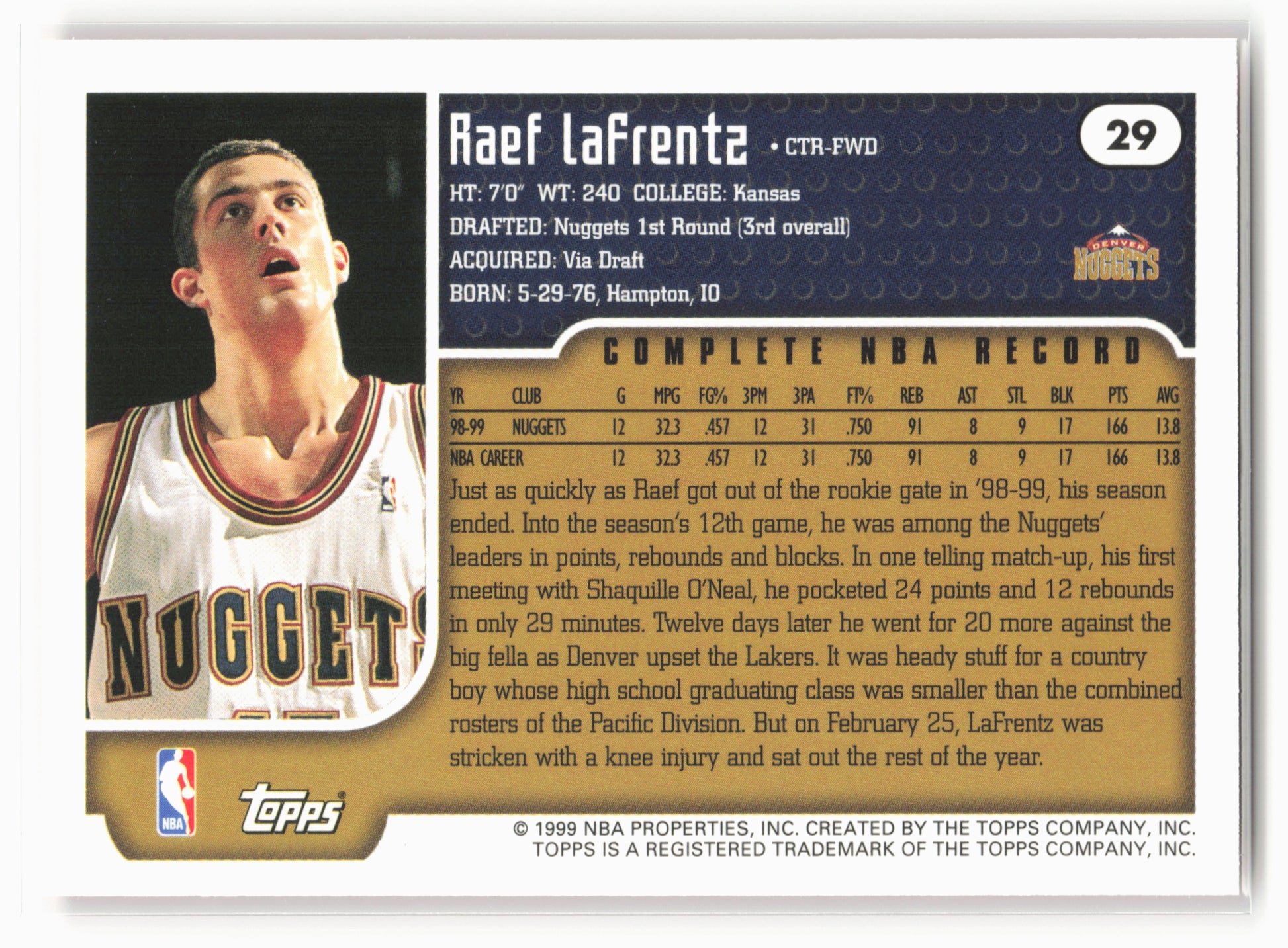 1999-00 Topps #29 Raef LaFrentz NM2