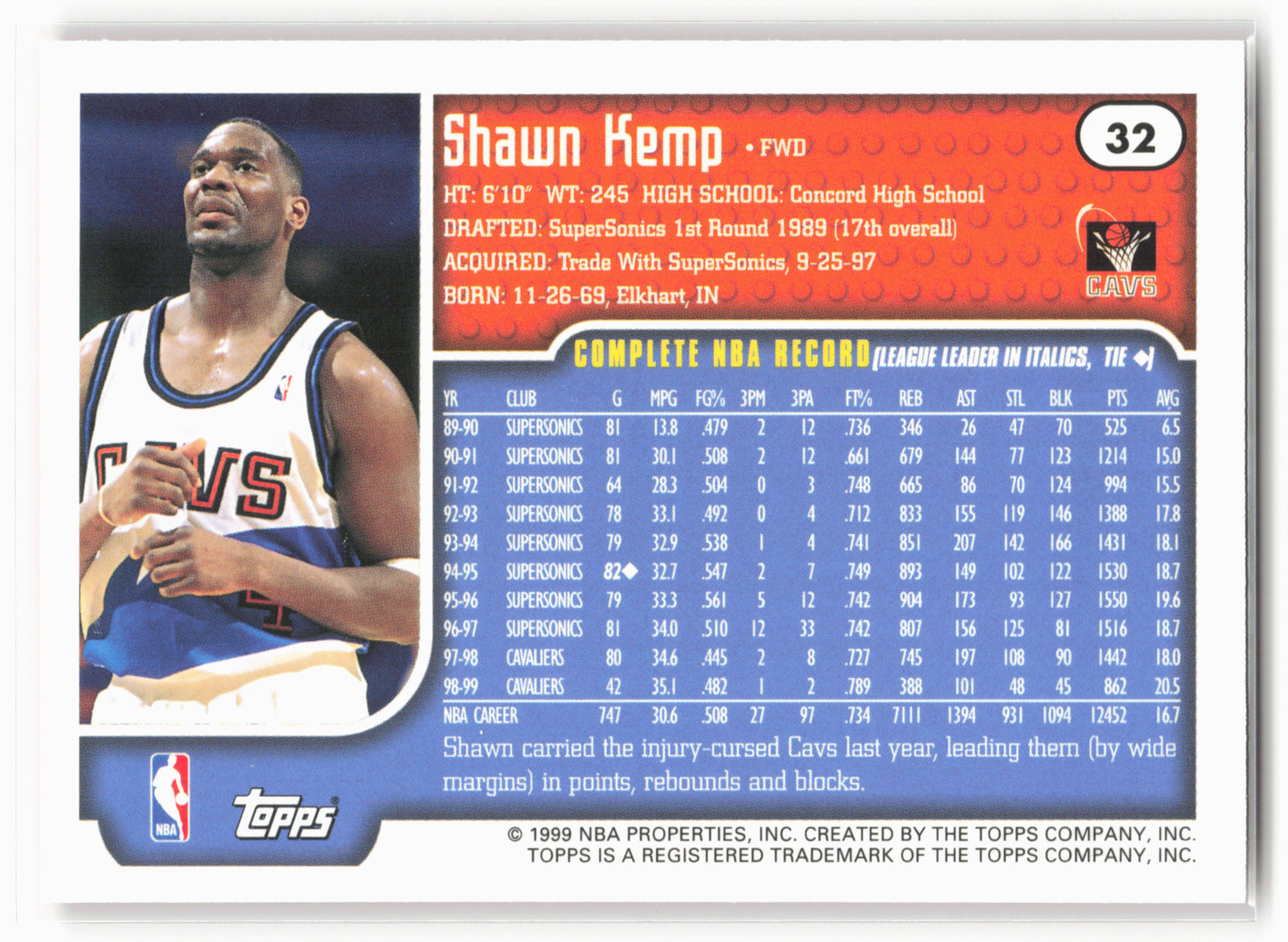 1999-00 Topps #32 Shawn Kemp NM