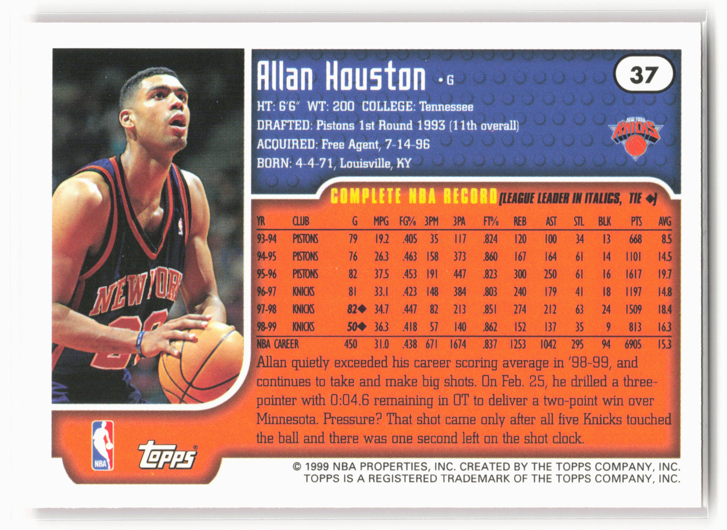 1999-00 Topps #37 Allan Houston NM1