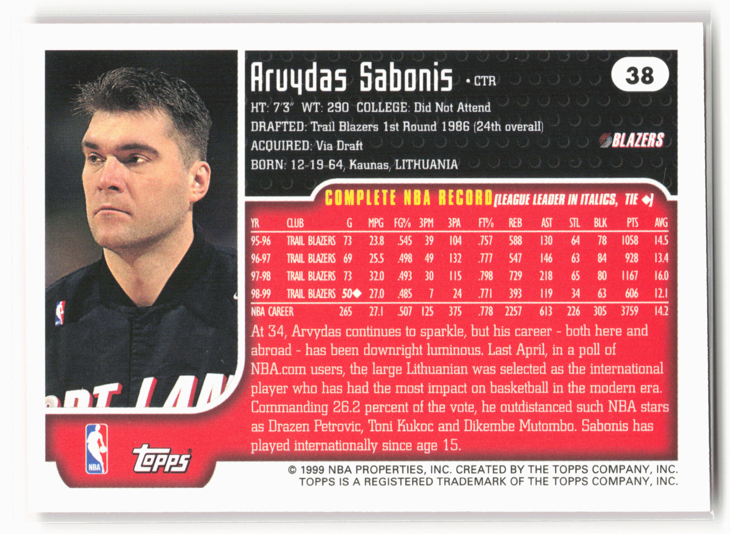 1999-00 Topps #38 Arvydas Sabonis