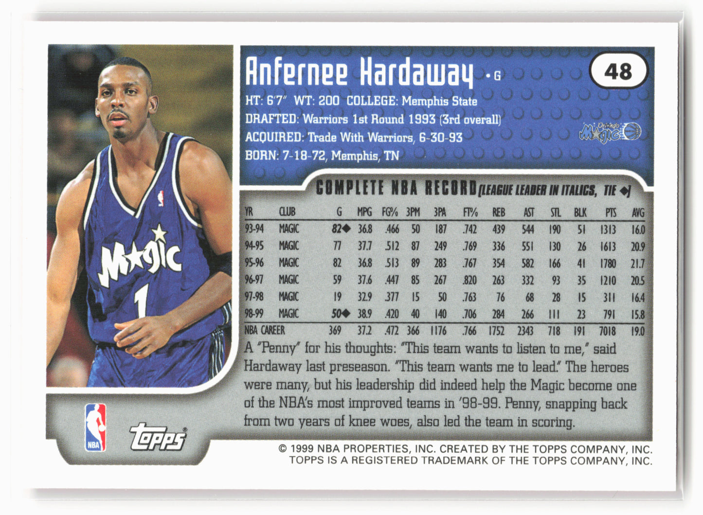 1999-00 Topps #48 Anfernee Hardaway NM