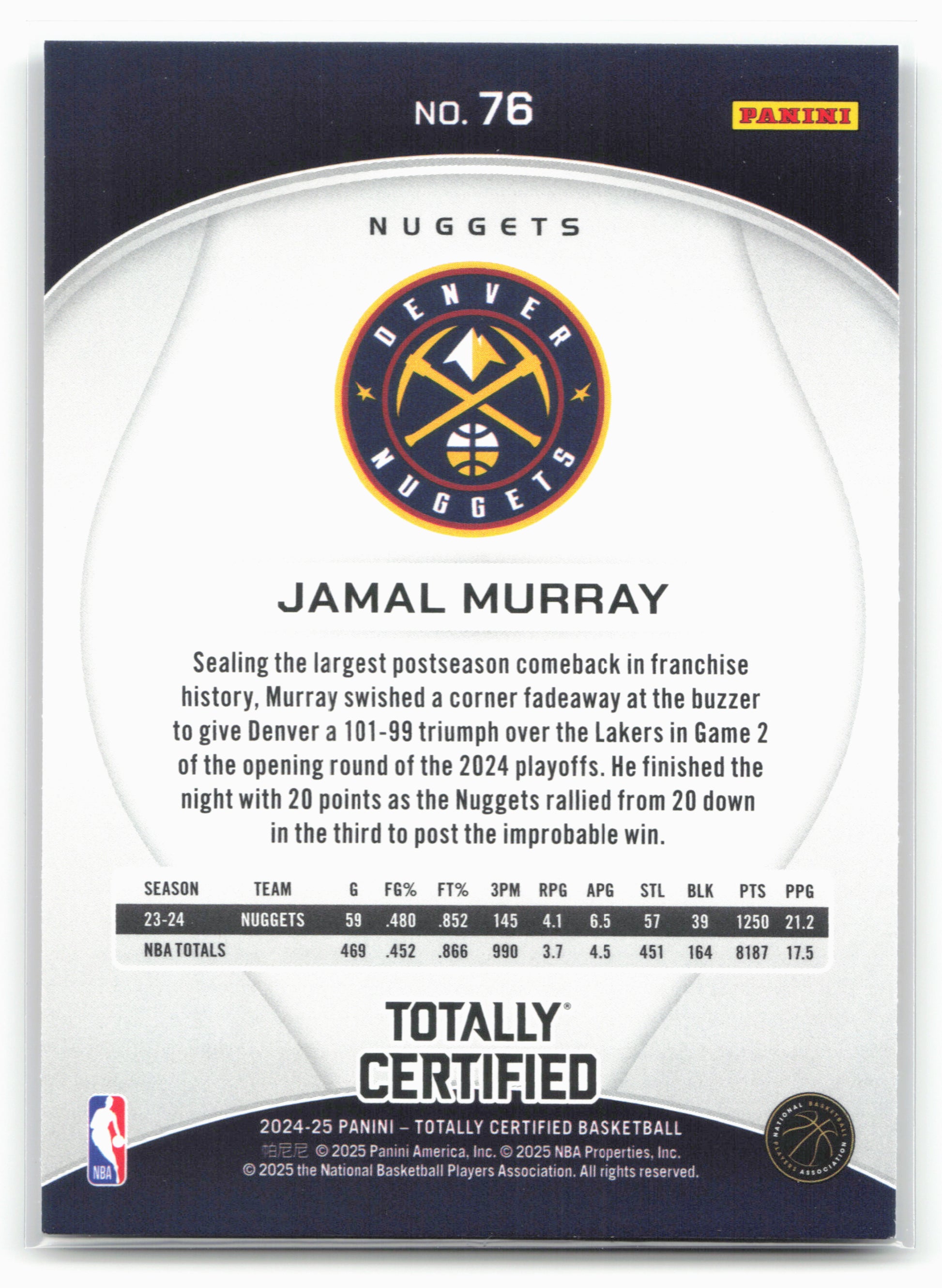 2024-25 Panini Totally Certified #76 Jamal Murray Mirror Maroon