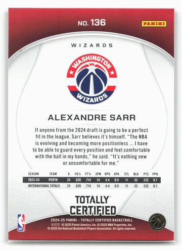 
2024-25 Panini Totally Certified #136 Alexandre Sarr Mirror Maroon
