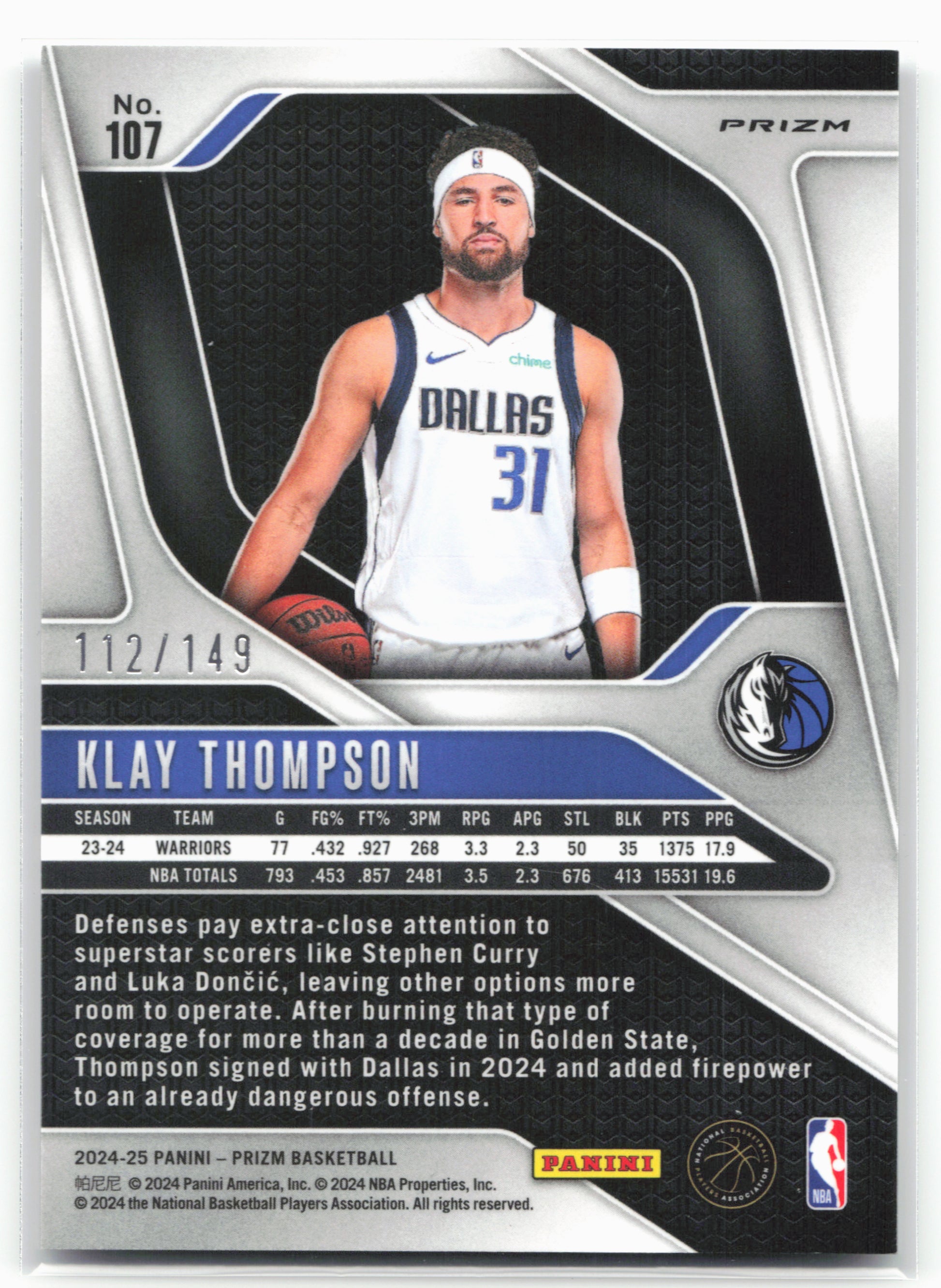 2024-25 Panini Prizm #107 Klay Thompson Prizms Purple Ice #/149