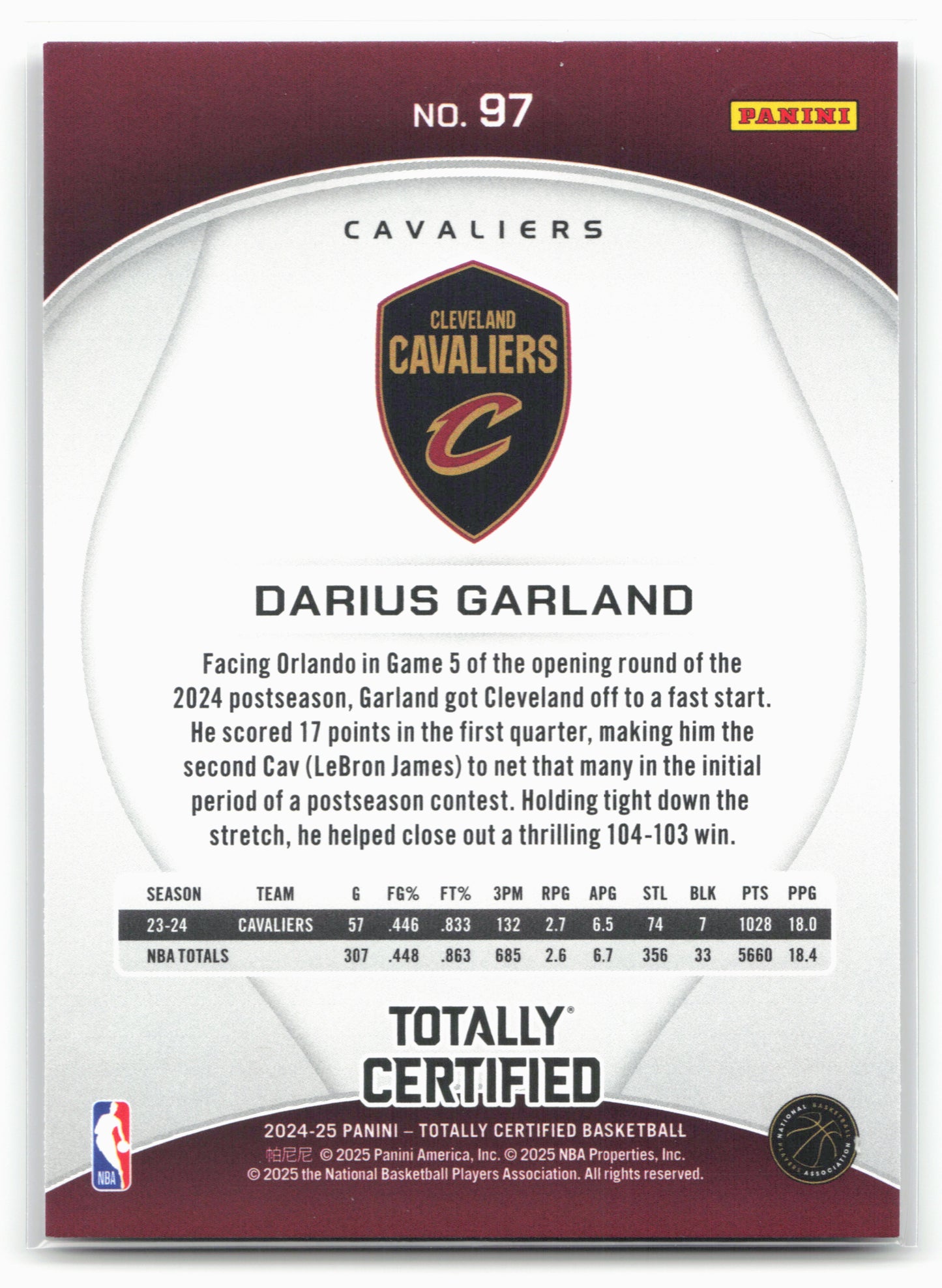 2024-25 Panini Totally Certified #97 Darius Garland NM