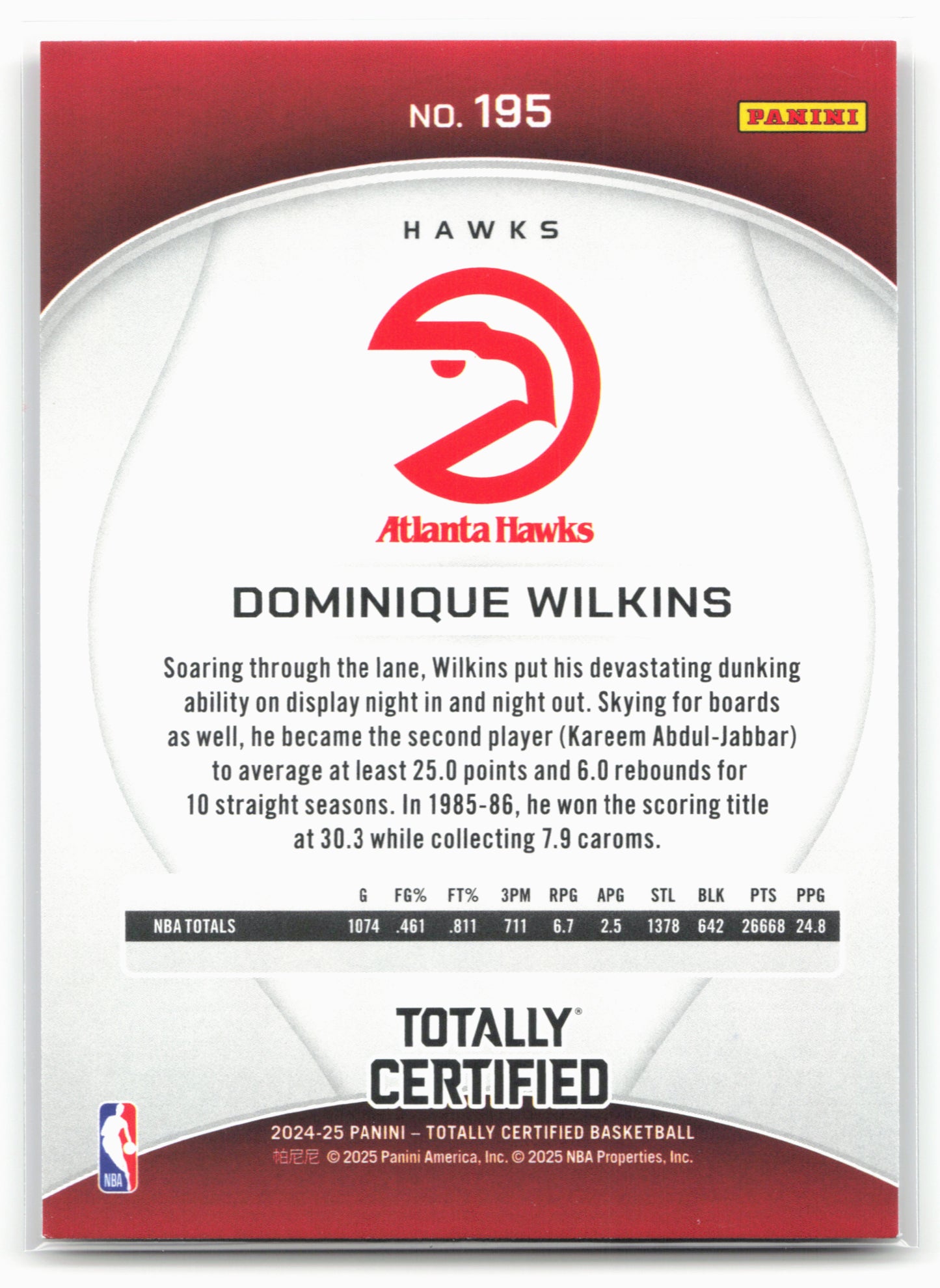 2024-25 Panini Totally Certified #195 Dominique Wilkins