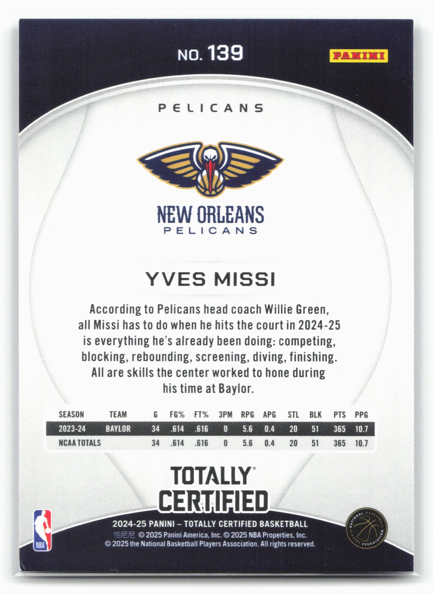 2024-25 Panini Totally Certified #139 Yves Missi NM