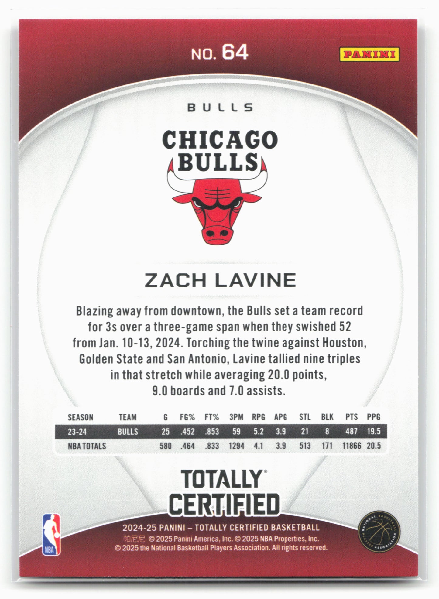 2024-25 Panini Totally Certified #64 Zach LaVine