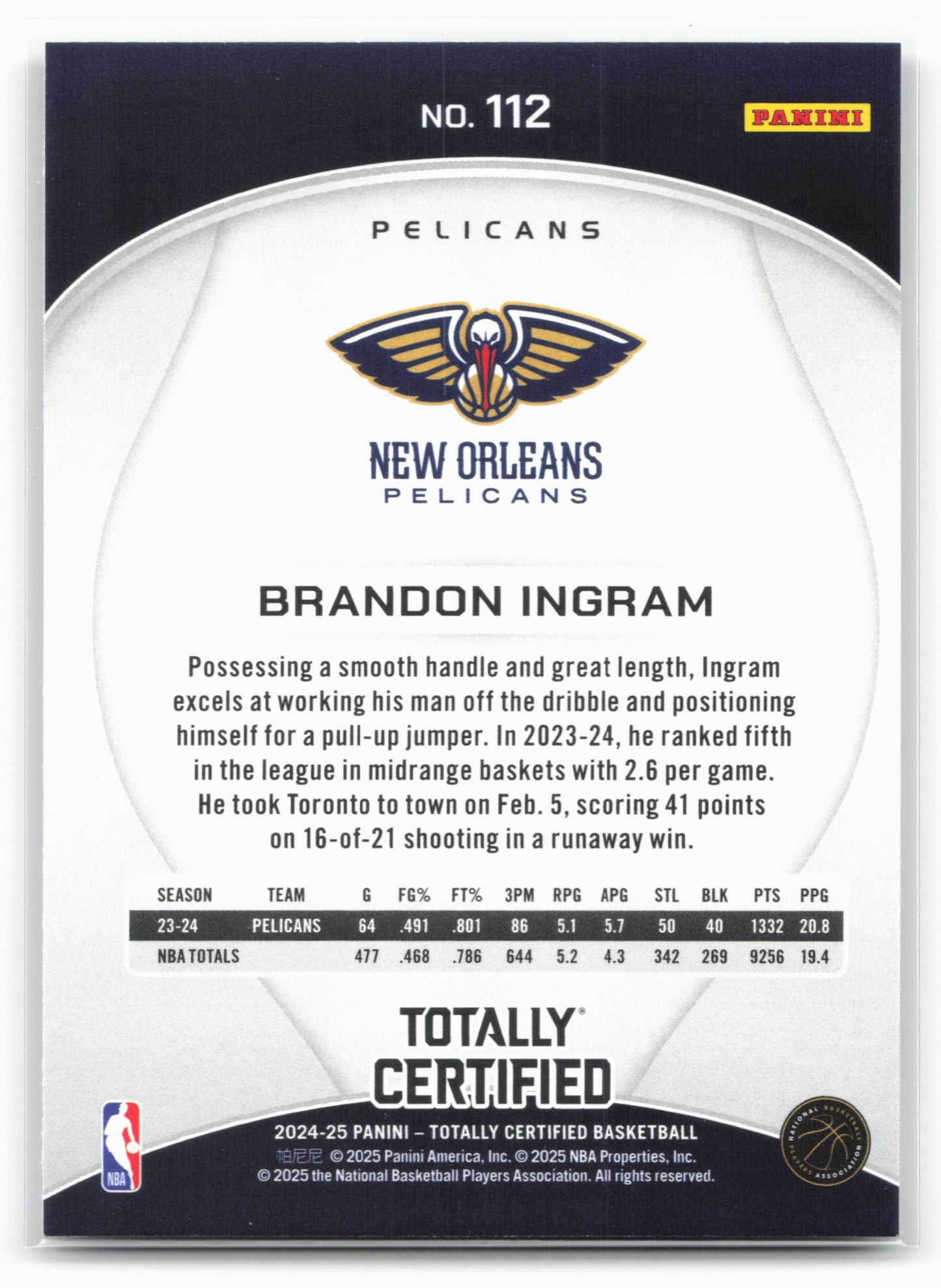 2024-25 Panini Totally Certified #112 Brandon Ingram NM