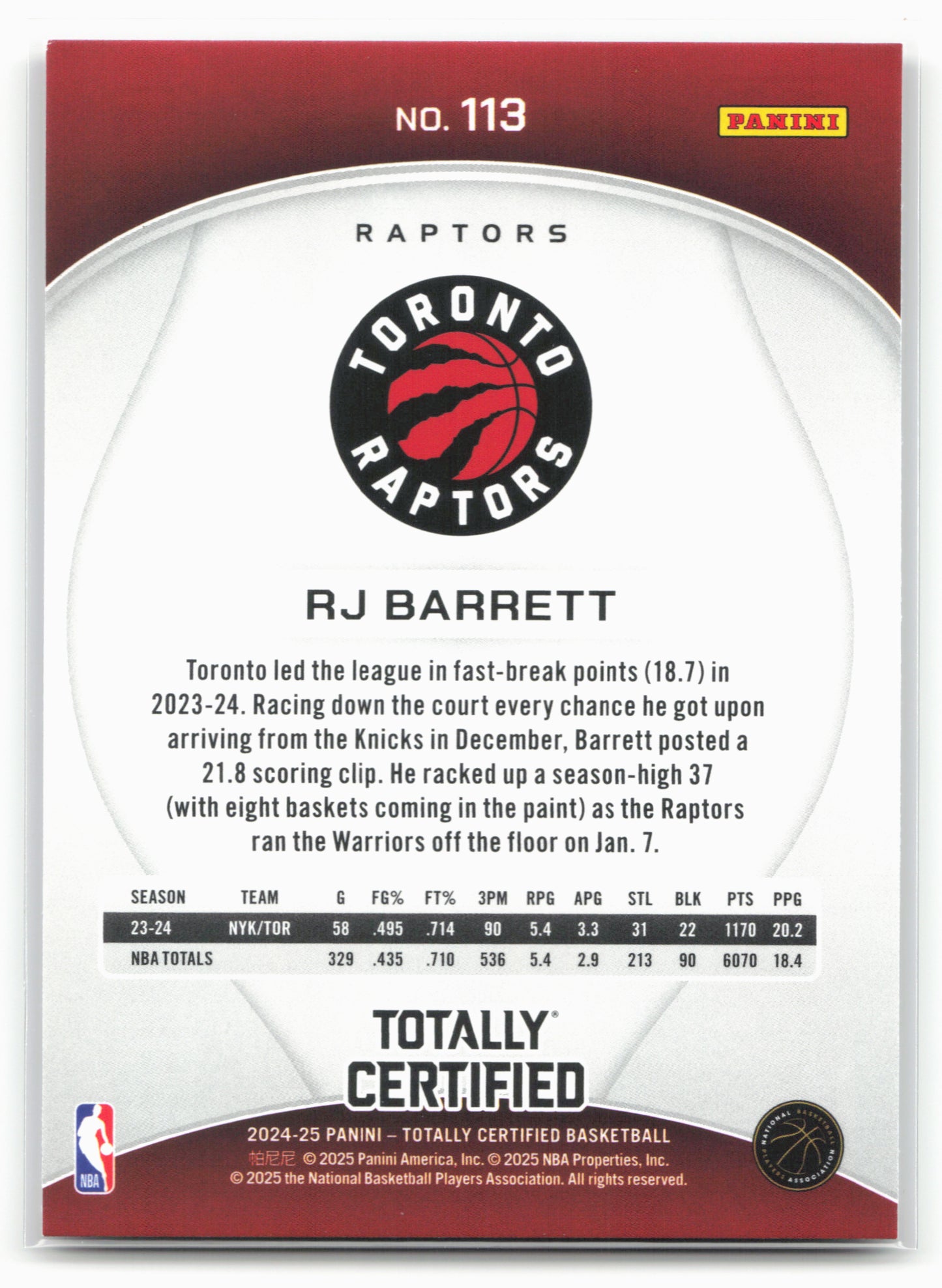 2024-25 Panini Totally Certified #113 RJ Barrett NM
