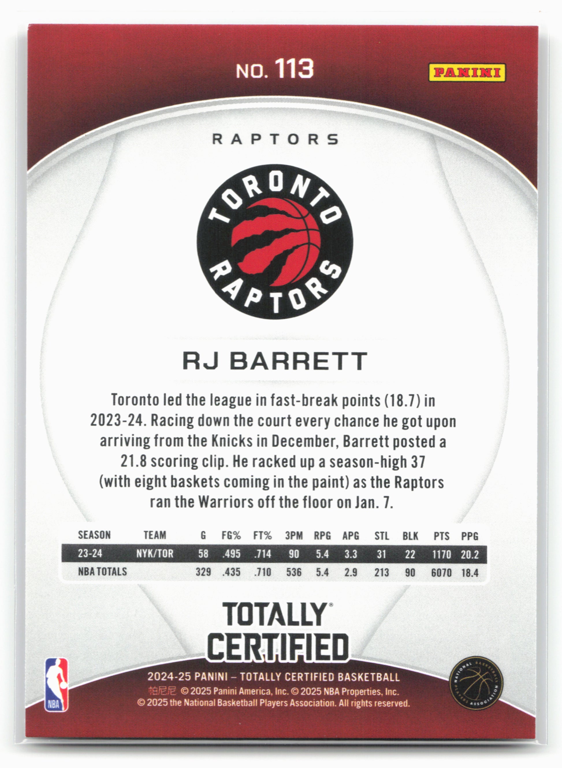 2024-25 Panini Totally Certified #113 RJ Barrett NM