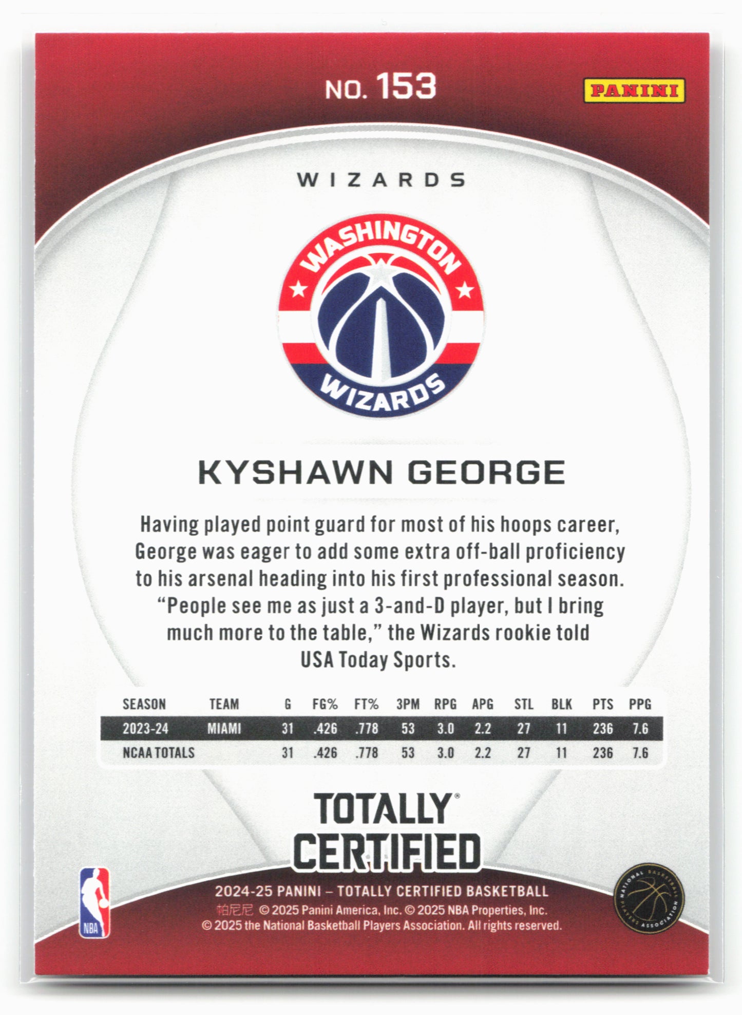 2024-25 Panini Totally Certified #153 Kyshawn George NM